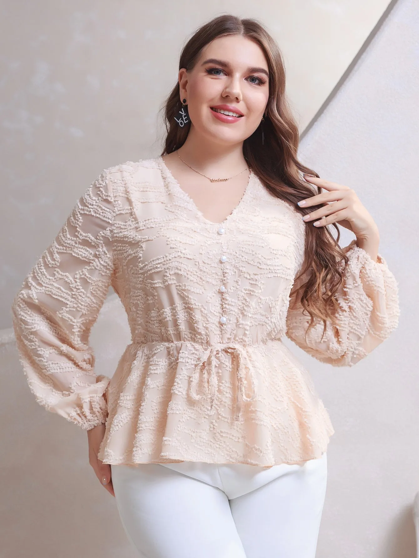 Plain Ruffle Hem Long Sleeve V Neck Flared Regular Plus Size Blouse