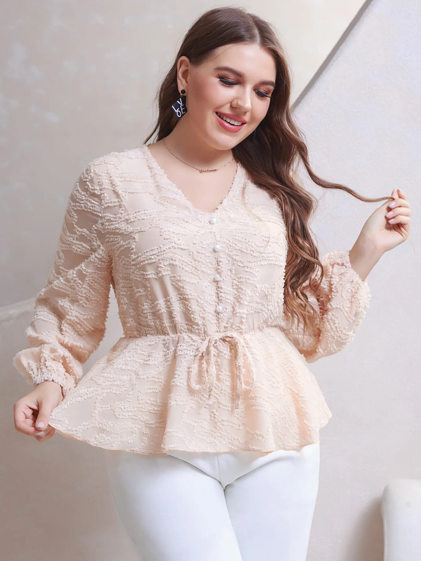 Plain Ruffle Hem Long Sleeve V Neck Flared Regular Plus Size Blouse