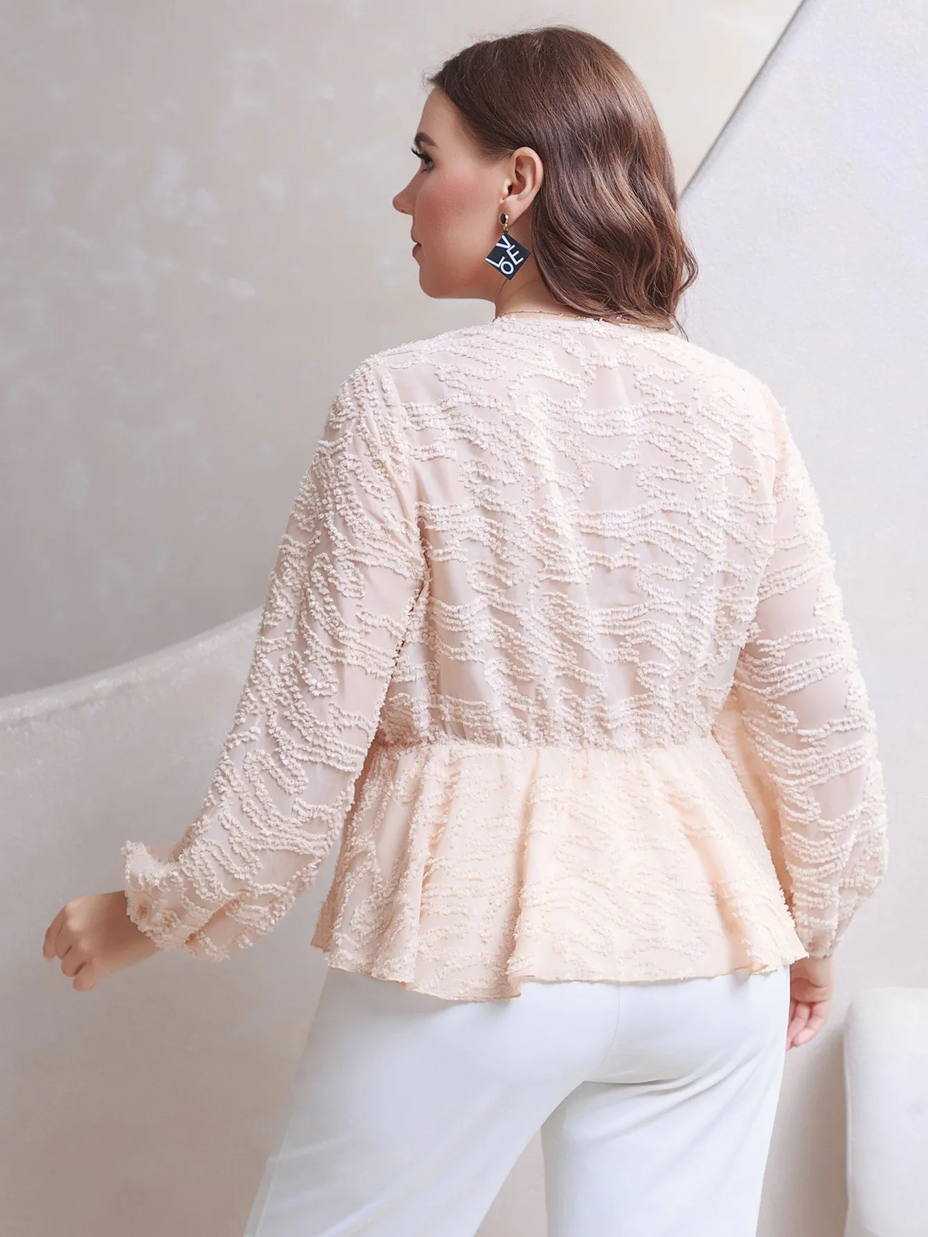 Plain Ruffle Hem Long Sleeve V Neck Flared Regular Plus Size Blouse
