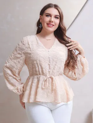 Plain Ruffle Hem Long Sleeve V Neck Flared Regular Plus Size Blouse
