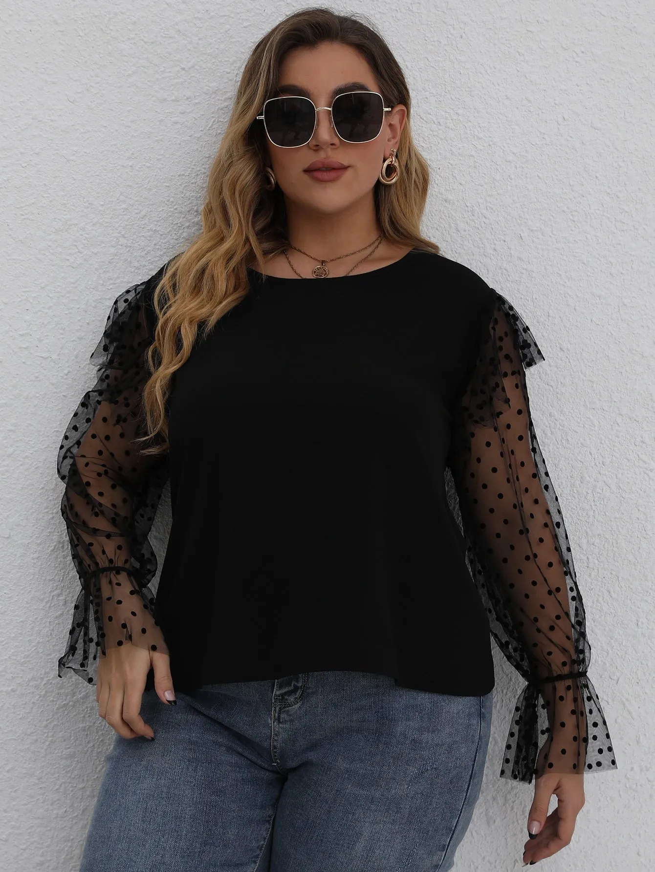 Plain Ruffle Long Sleeve Round Neck Regular Plus Blouse