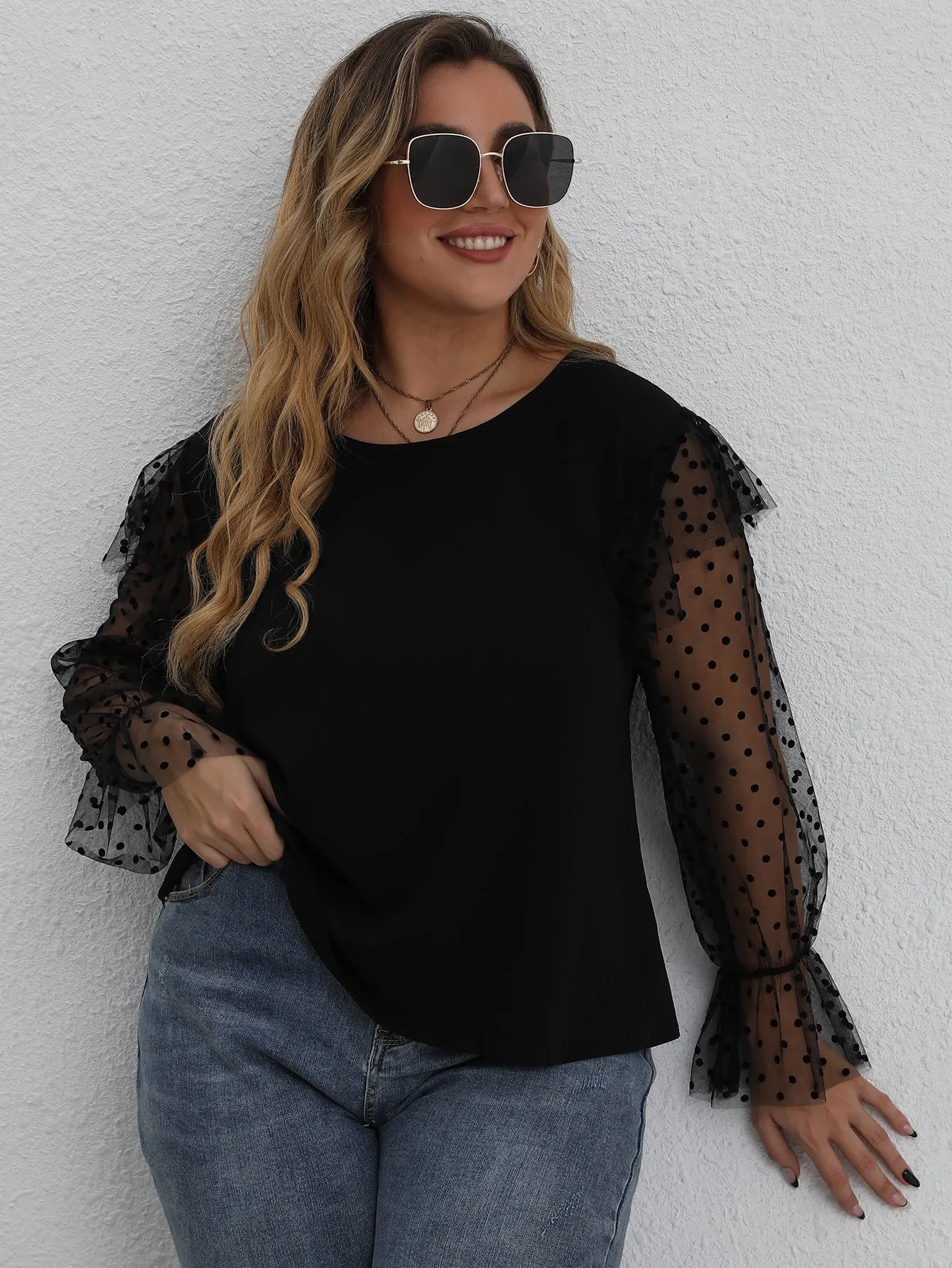 Plain Ruffle Long Sleeve Round Neck Regular Plus Blouse