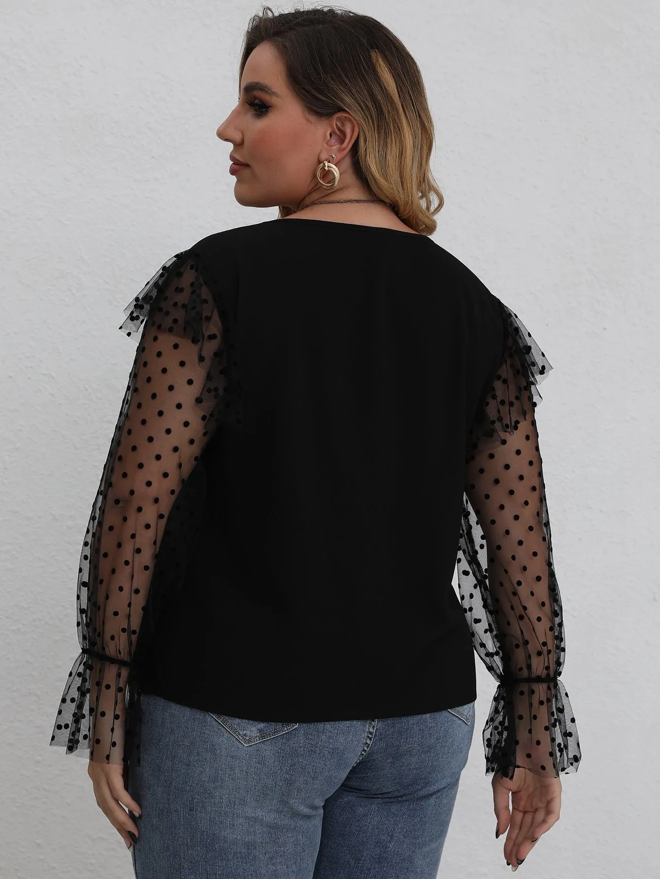 Plain Ruffle Long Sleeve Round Neck Regular Plus Blouse