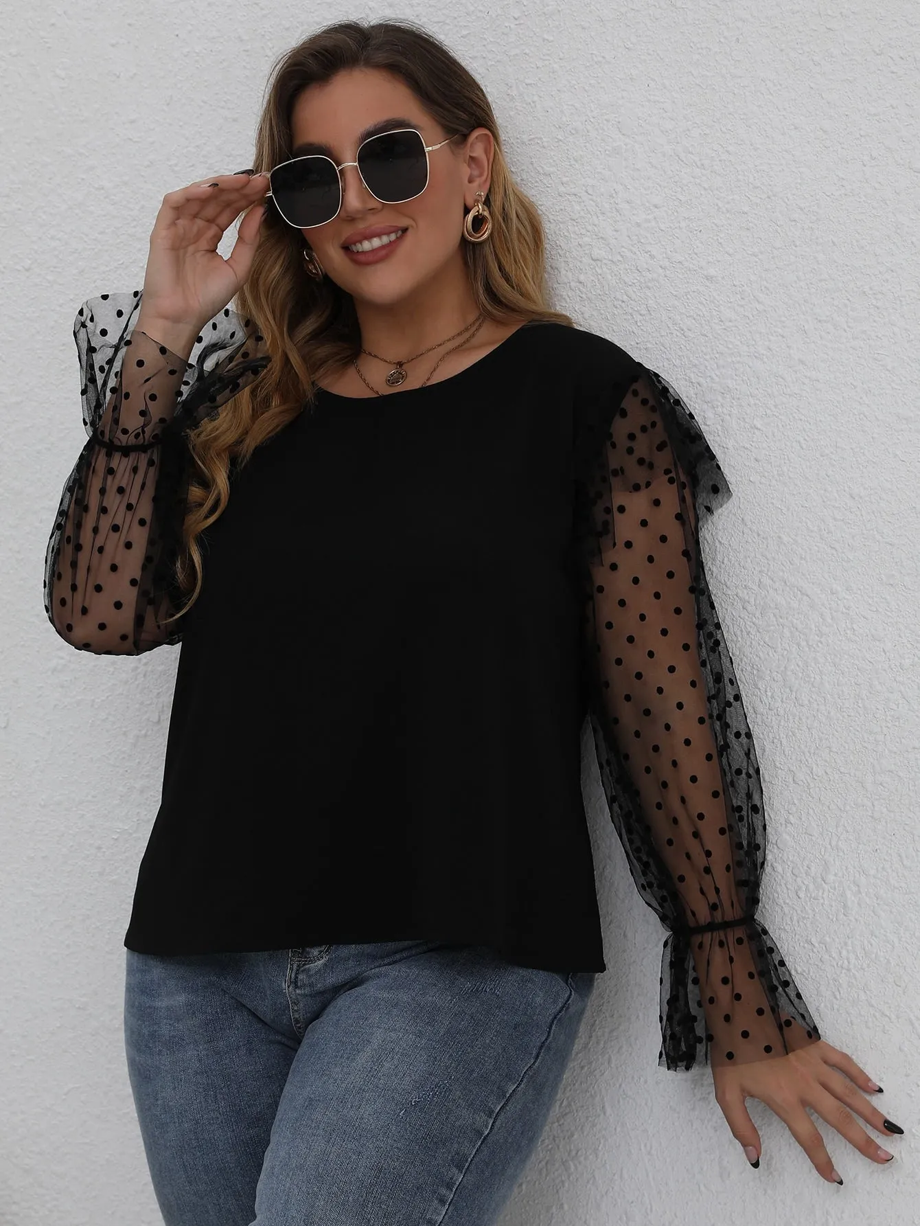 Plain Ruffle Long Sleeve Round Neck Regular Plus Blouse