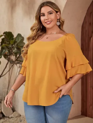 Plain Tiered Layer Half Sleeve Scoop Neck Regular Plus Size Blouse