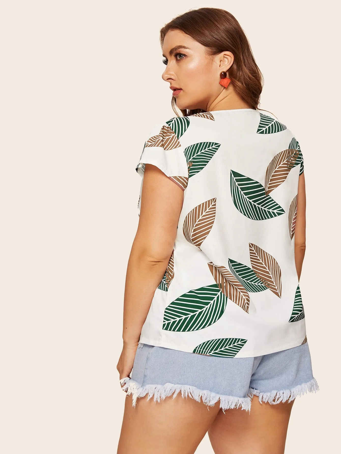 Plants Button Short Sleeve Asymmetrical Neck Regular Plus Size Blouse
