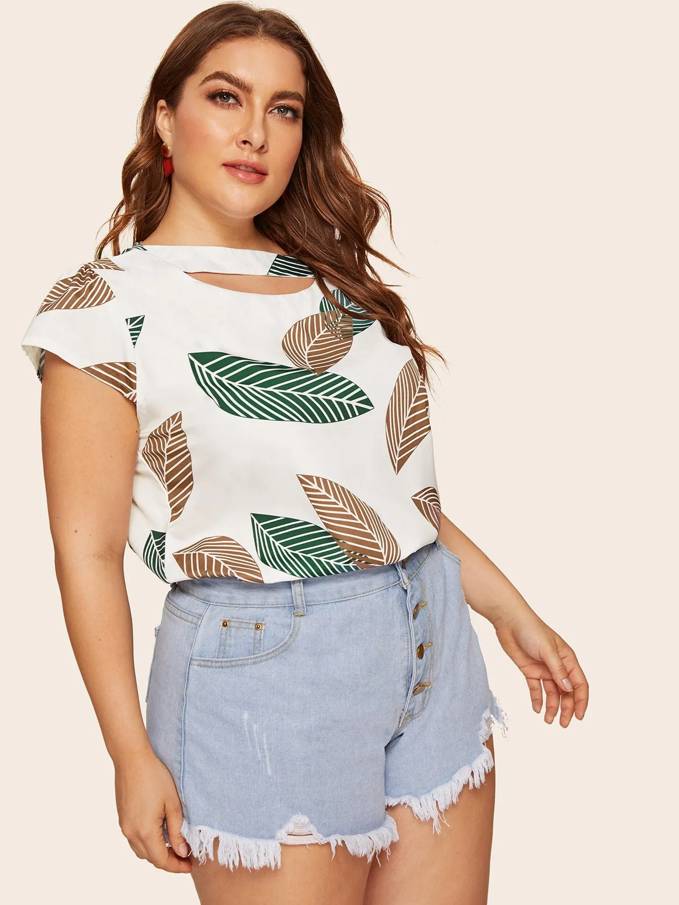 Plants Button Short Sleeve Asymmetrical Neck Regular Plus Size Blouse