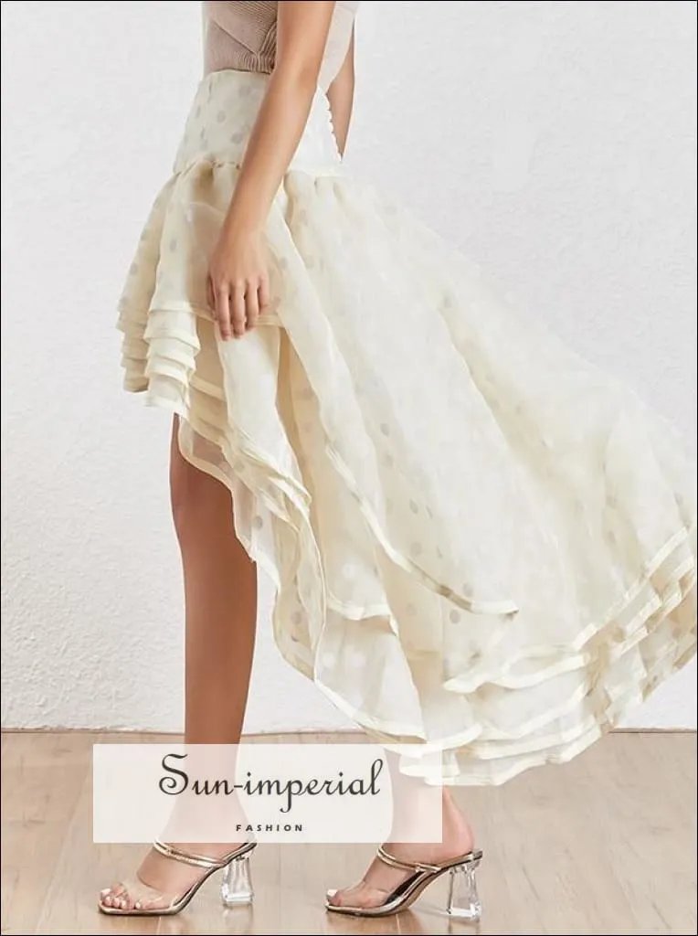 Poke Skirt - Elegant Polka Dot Women Skirt High Waist Slim Ruffles Asymmetrical Midi Skirts Female