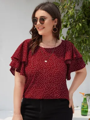 Polka Dot Tiered Layer Short Sleeve Round Neck Regular Plus Size Blouse