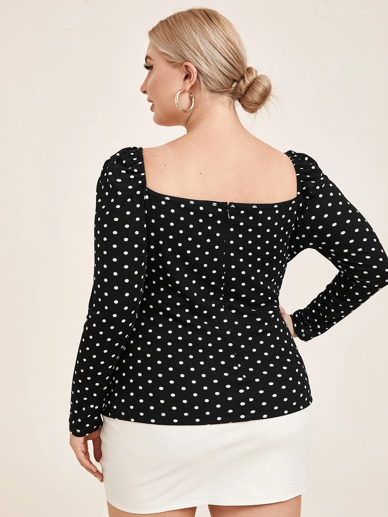 Polka Dot Zipper Long Sleeve Sweetheart Regular Plus Size Blouse