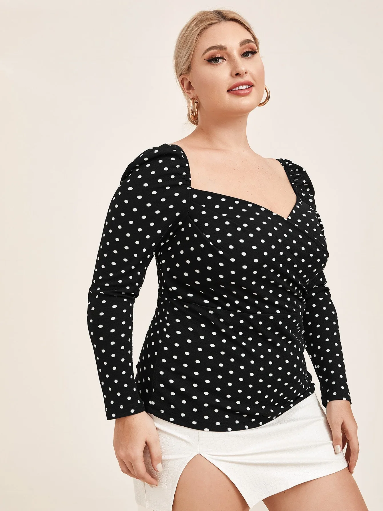 Polka Dot Zipper Long Sleeve Sweetheart Regular Plus Size Blouse