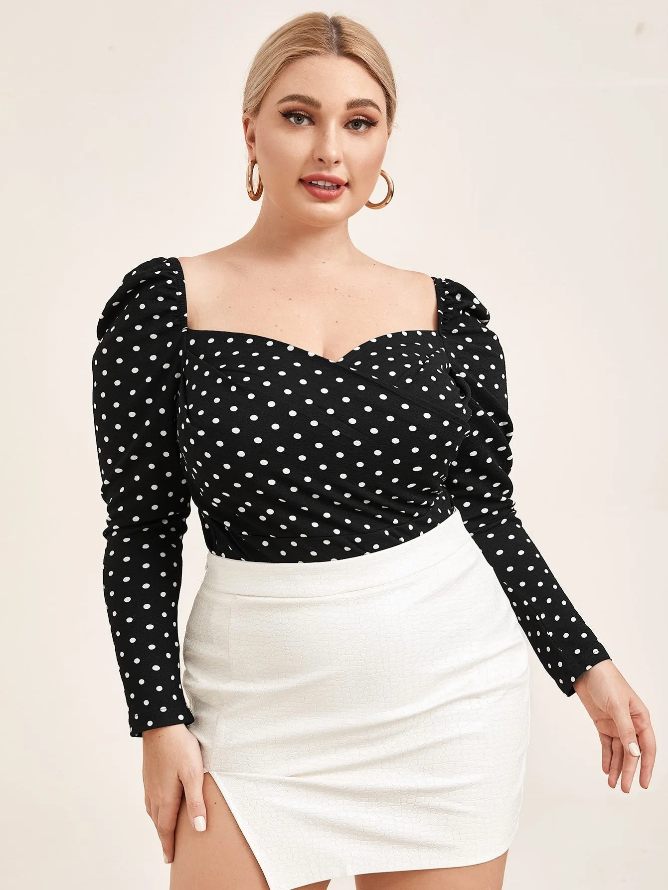 Polka Dot Zipper Long Sleeve Sweetheart Regular Plus Size Blouse