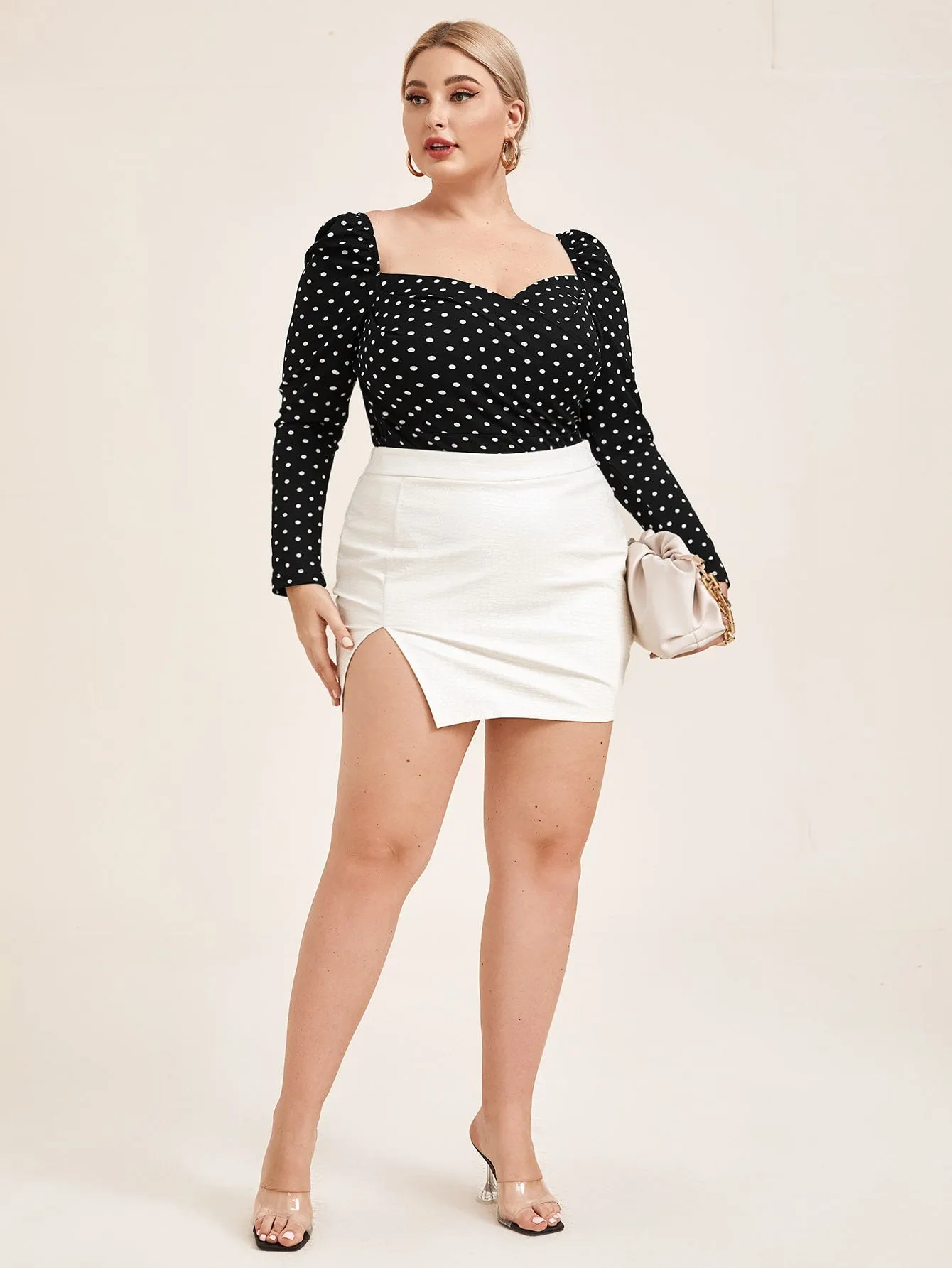 Polka Dot Zipper Long Sleeve Sweetheart Regular Plus Size Blouse