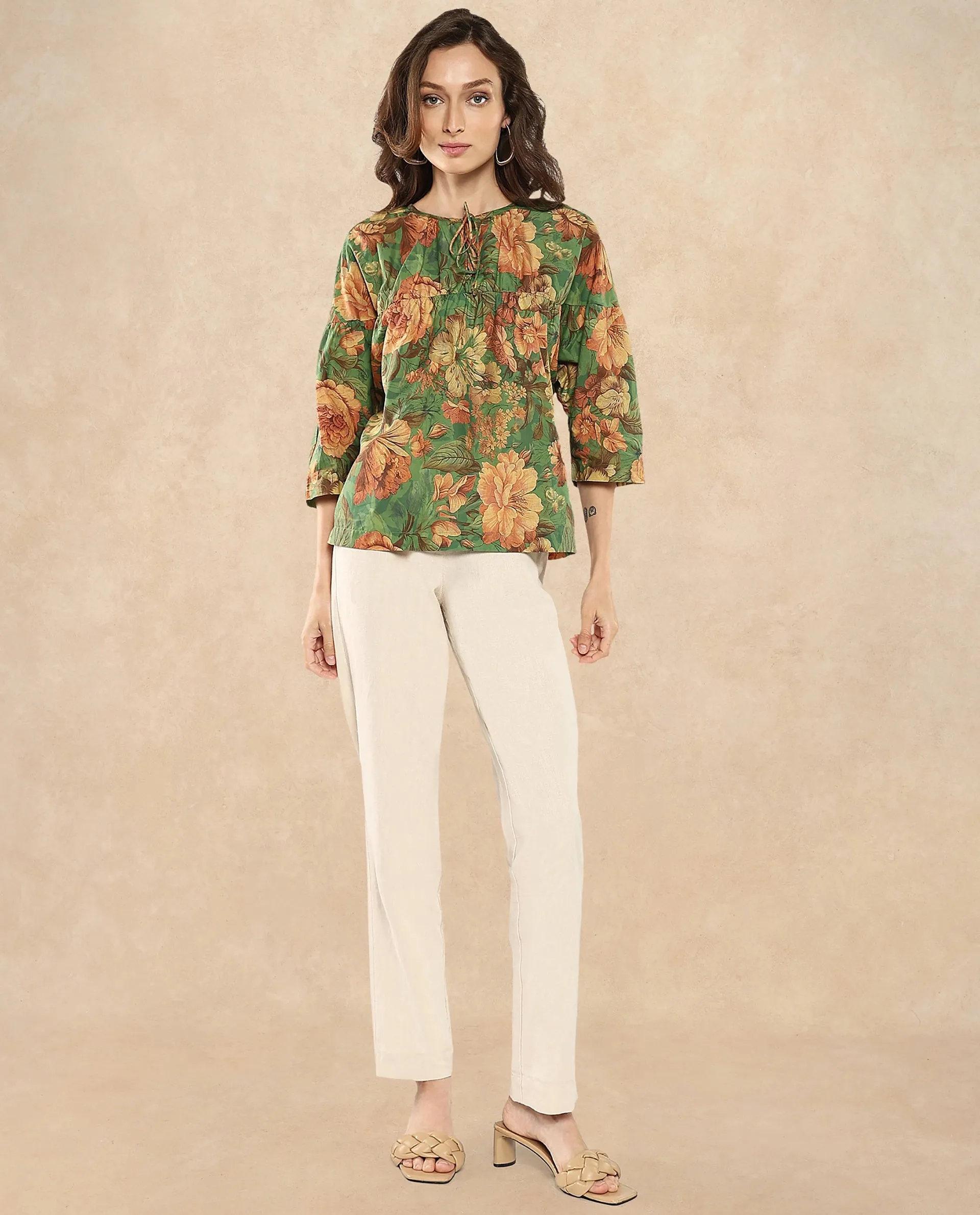 Rareism Women Baudel Green Kimono Sleeve Tie-Up Neck Tie Up Closure Relaxed Fit Floral Print Top