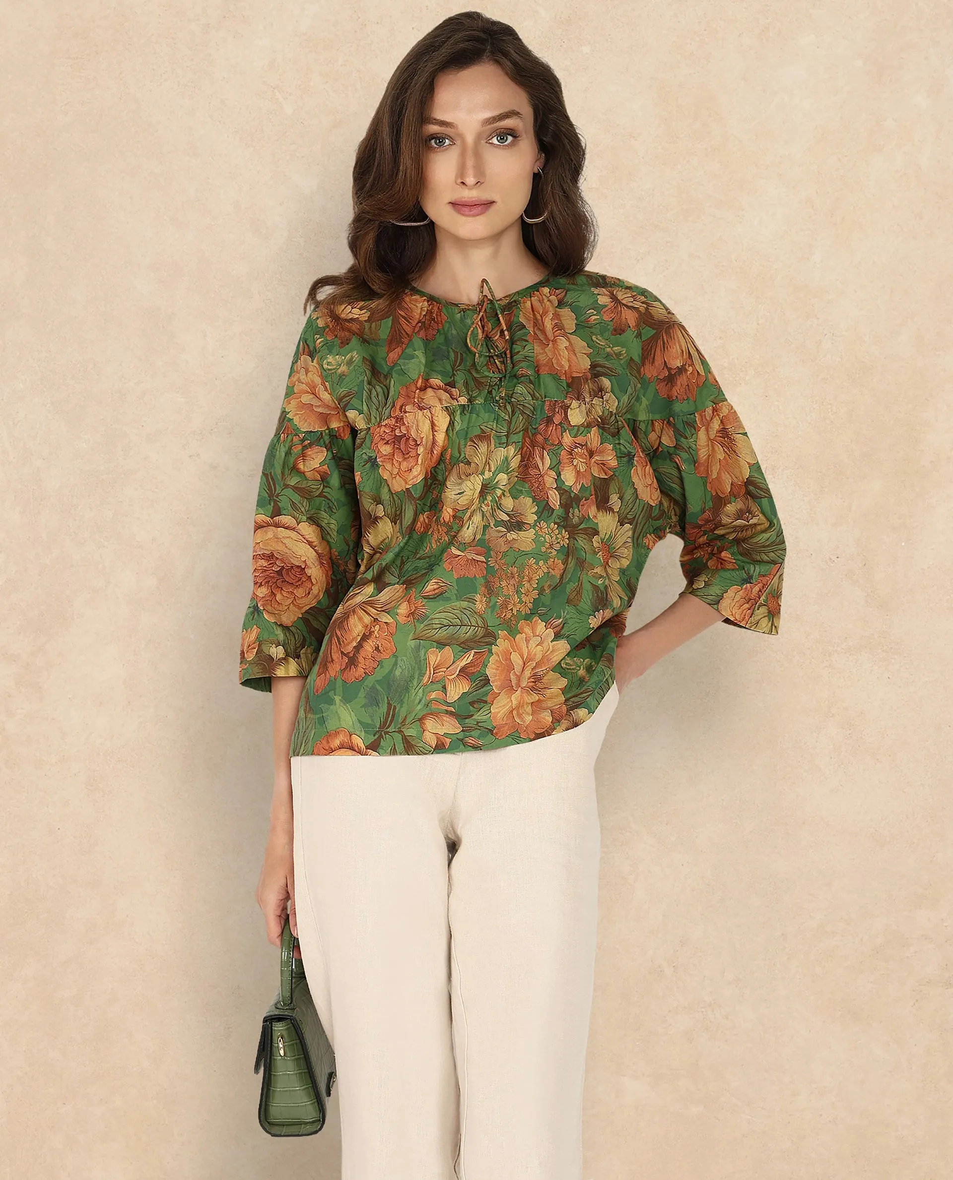 Rareism Women Baudel Green Kimono Sleeve Tie-Up Neck Tie Up Closure Relaxed Fit Floral Print Top