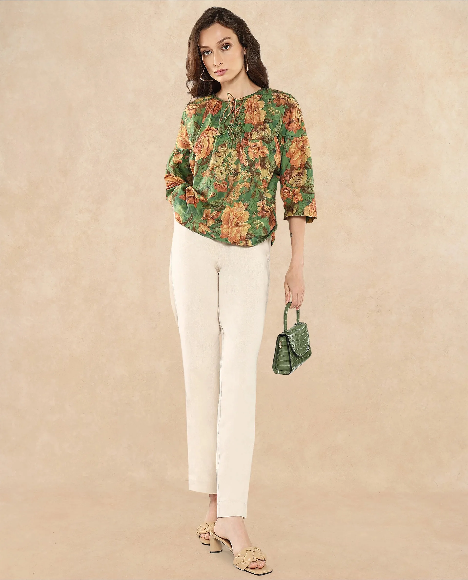 Rareism Women Baudel Green Kimono Sleeve Tie-Up Neck Tie Up Closure Relaxed Fit Floral Print Top