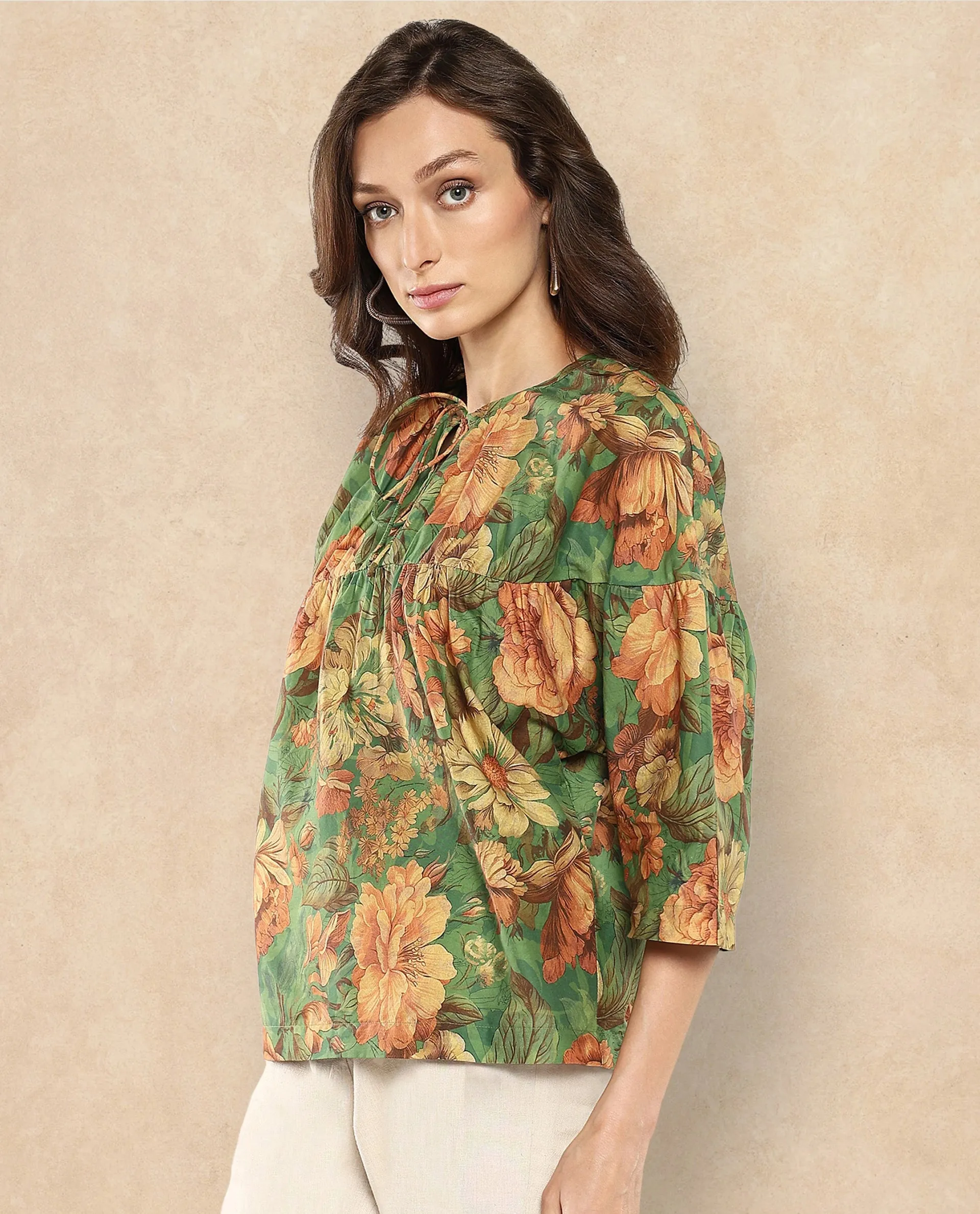 Rareism Women Baudel Green Kimono Sleeve Tie-Up Neck Tie Up Closure Relaxed Fit Floral Print Top