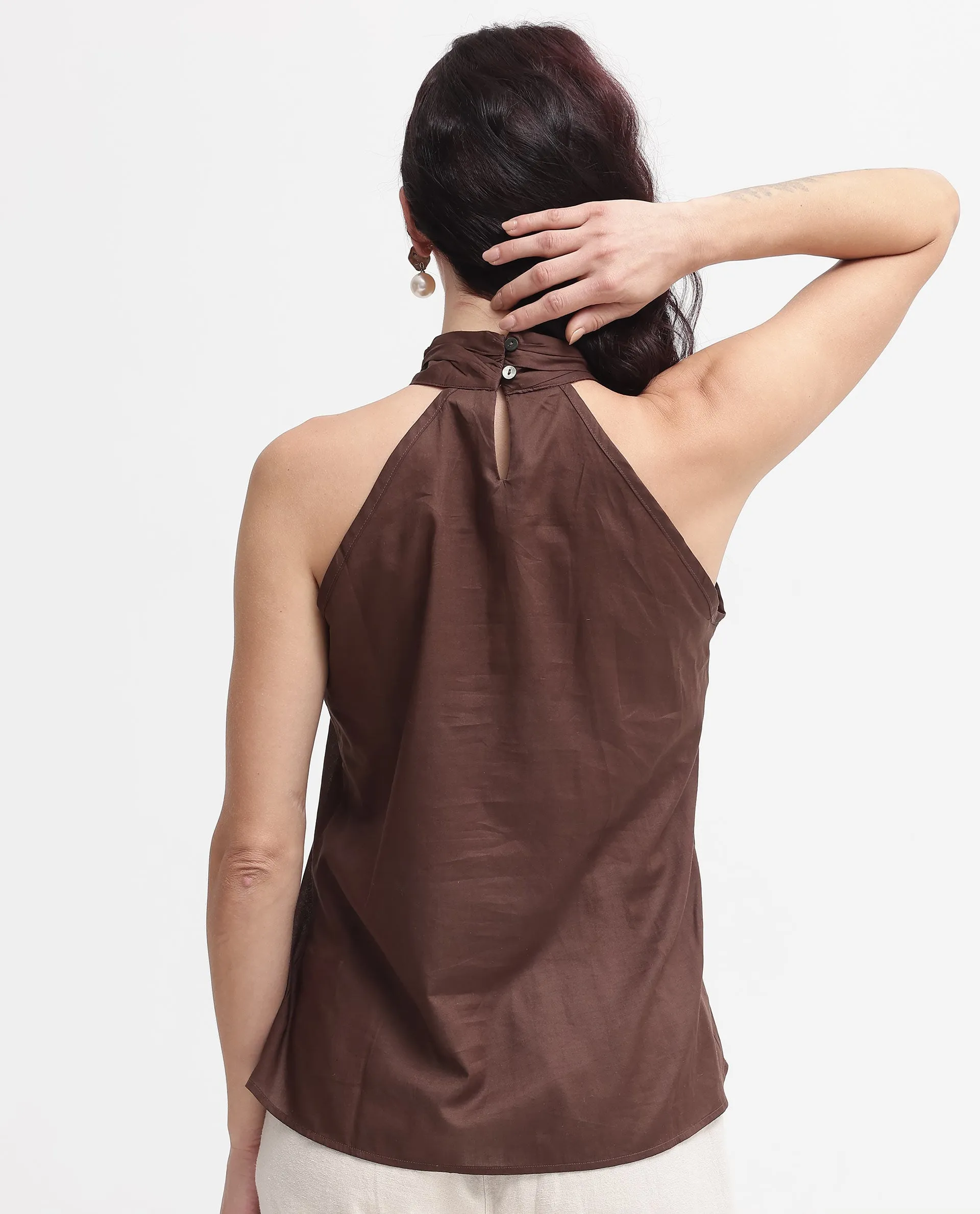 Rareism Womens Kirara Brown Halter Neck Plain and Solid Top