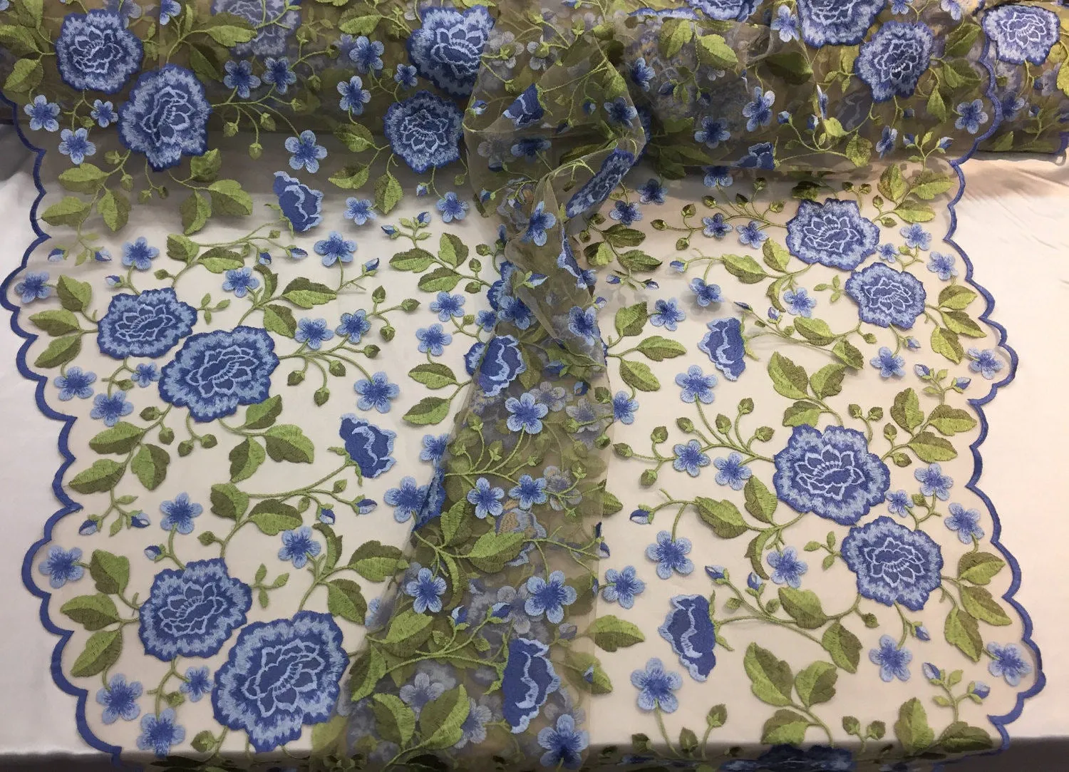 Royal Blue Flower Garden Design Embroider On a Mesh Lace-wedding-bridal-prom-nightgown-Sold by the yard.