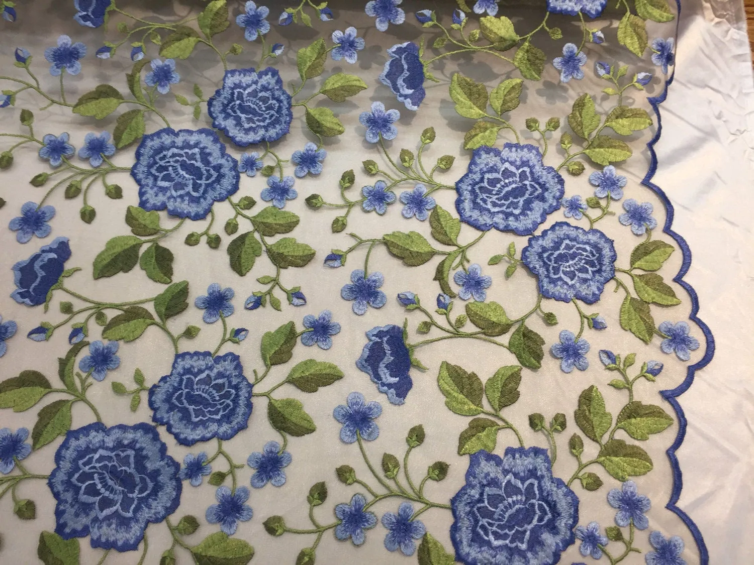 Royal Blue Flower Garden Design Embroider On a Mesh Lace-wedding-bridal-prom-nightgown-Sold by the yard.