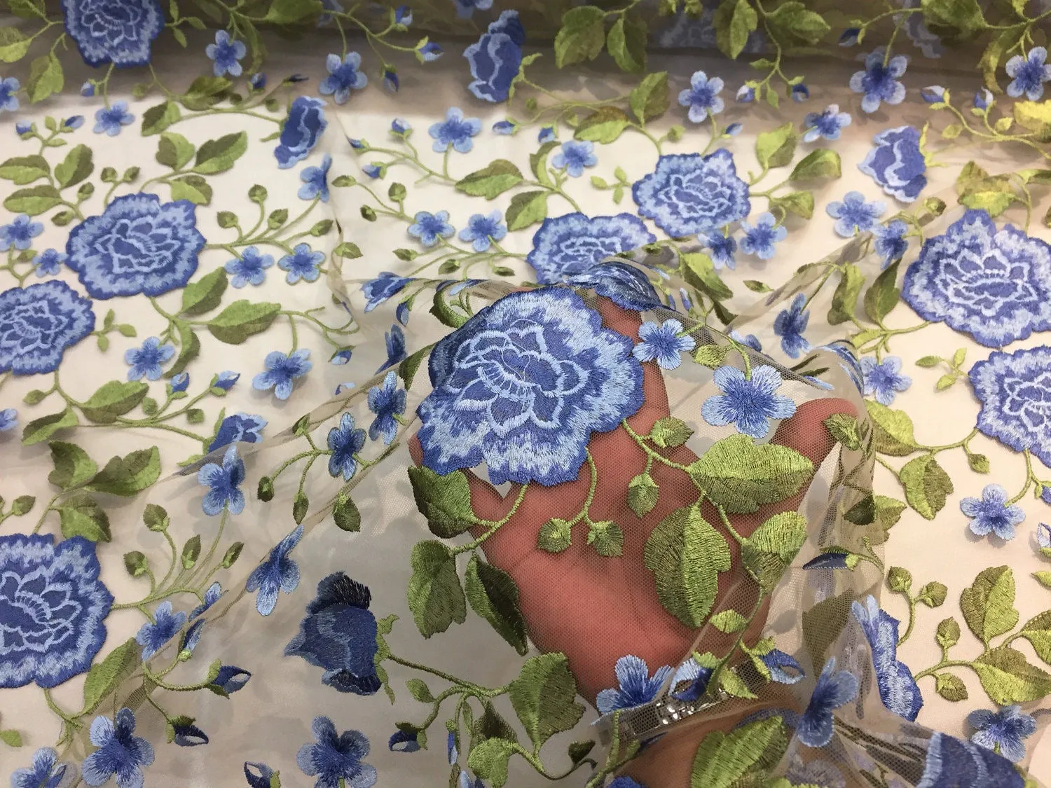 Royal Blue Flower Garden Design Embroider On a Mesh Lace-wedding-bridal-prom-nightgown-Sold by the yard.