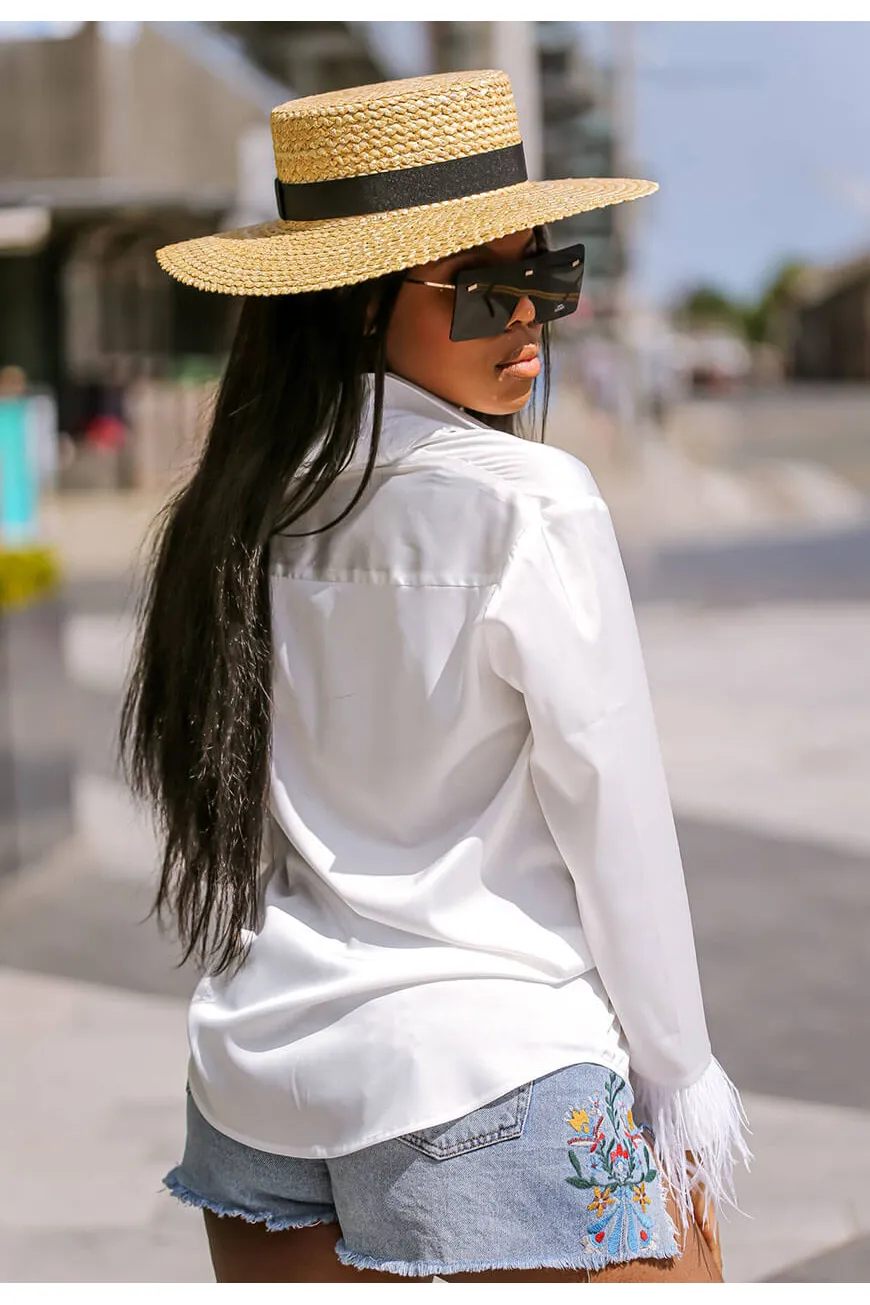 SETSOFRAN London Faux Feather Trim White Blouse