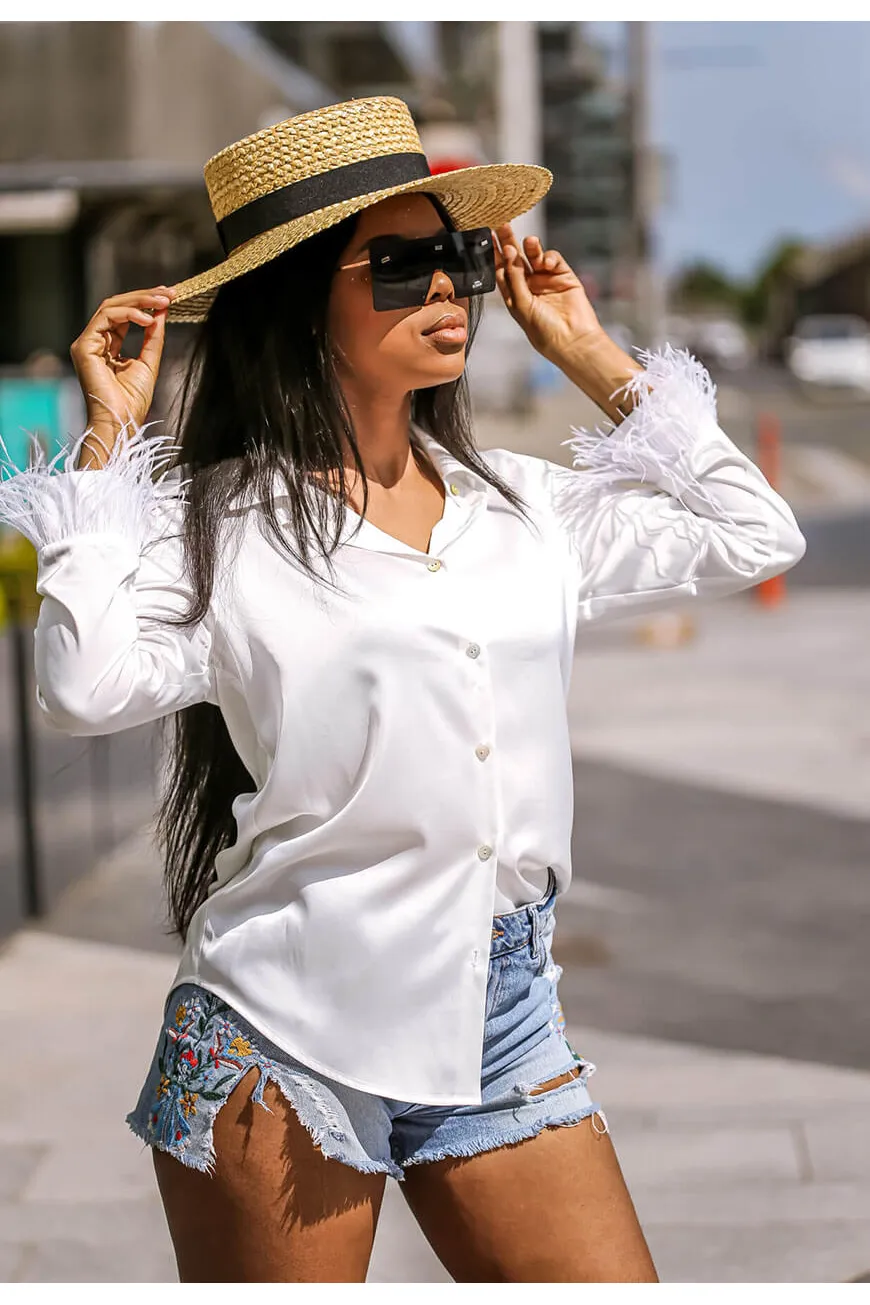 SETSOFRAN London Faux Feather Trim White Blouse