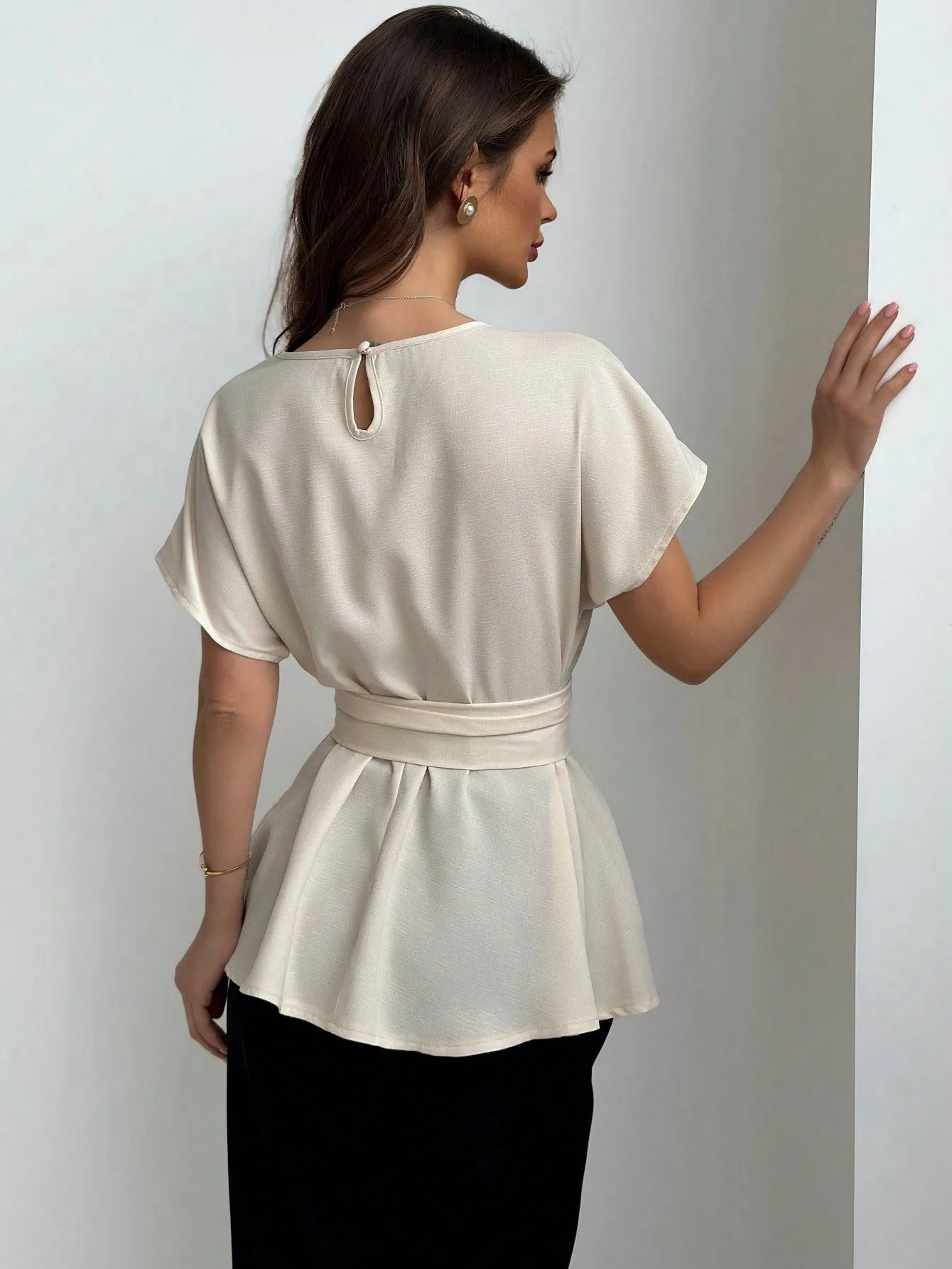 Shein Aloruh Round Collar & Waist Belted & X Shaped & Simple & Commuting Women's Shirt