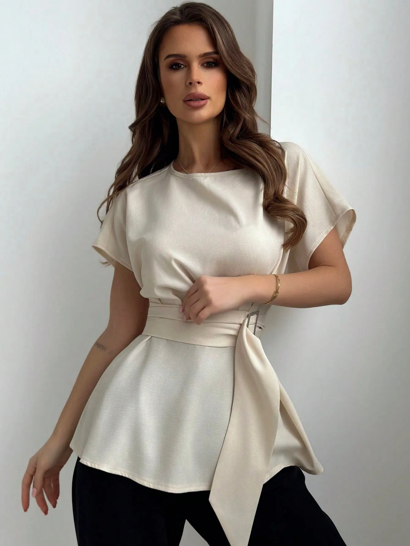 Shein Aloruh Round Collar & Waist Belted & X Shaped & Simple & Commuting Women's Shirt