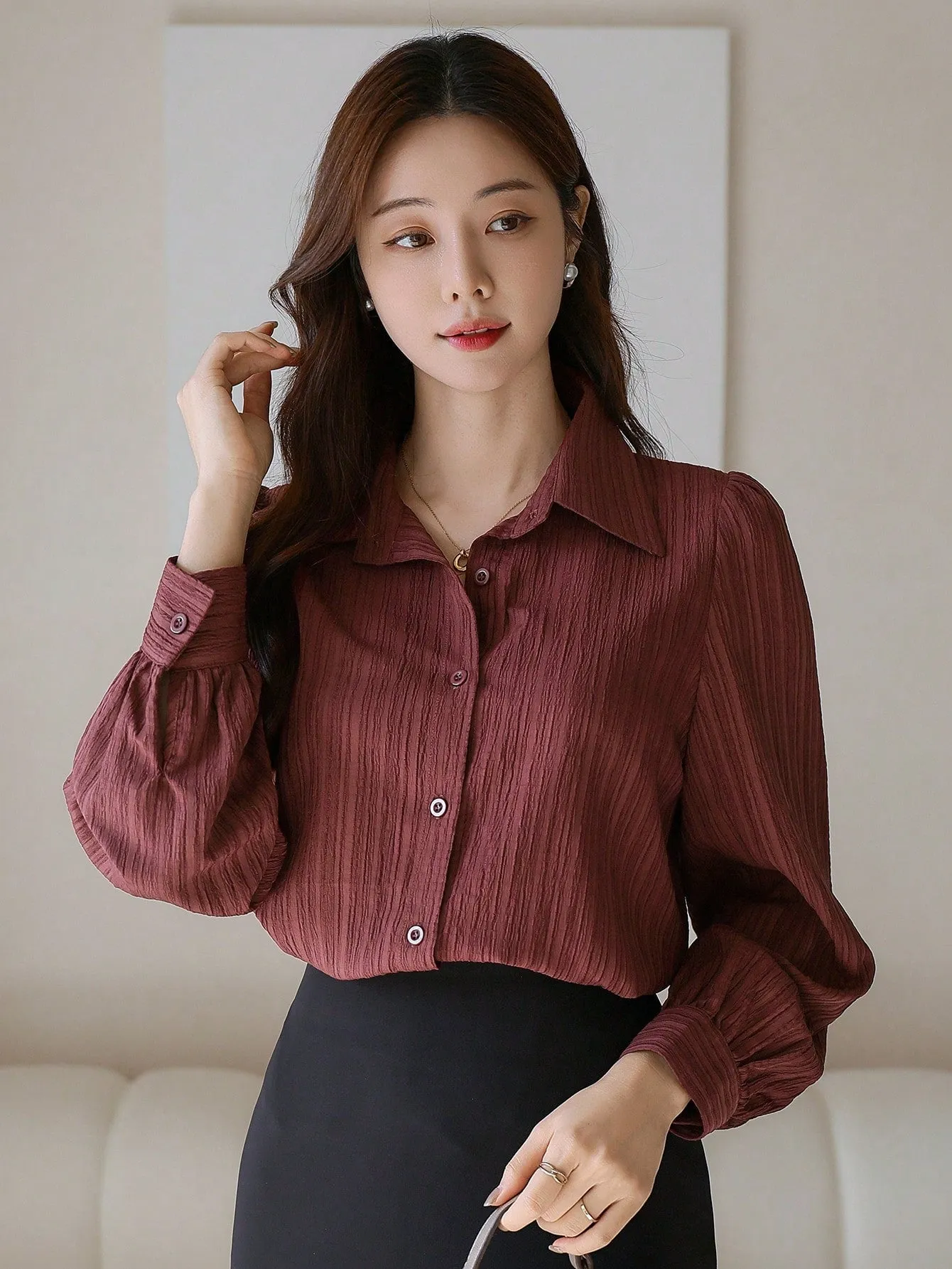 Shein DAZY Solid Color Textured Long Sleeve Women's Button-Down Casual Loose Shirt