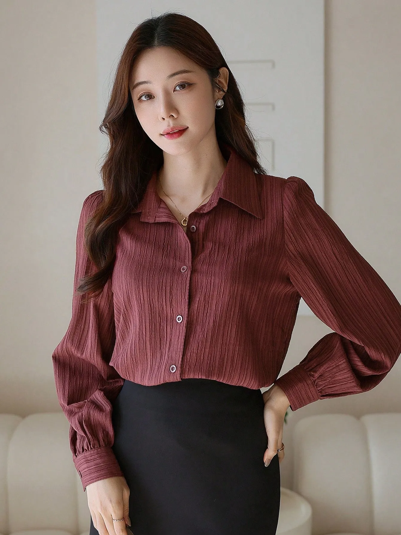 Shein DAZY Solid Color Textured Long Sleeve Women's Button-Down Casual Loose Shirt