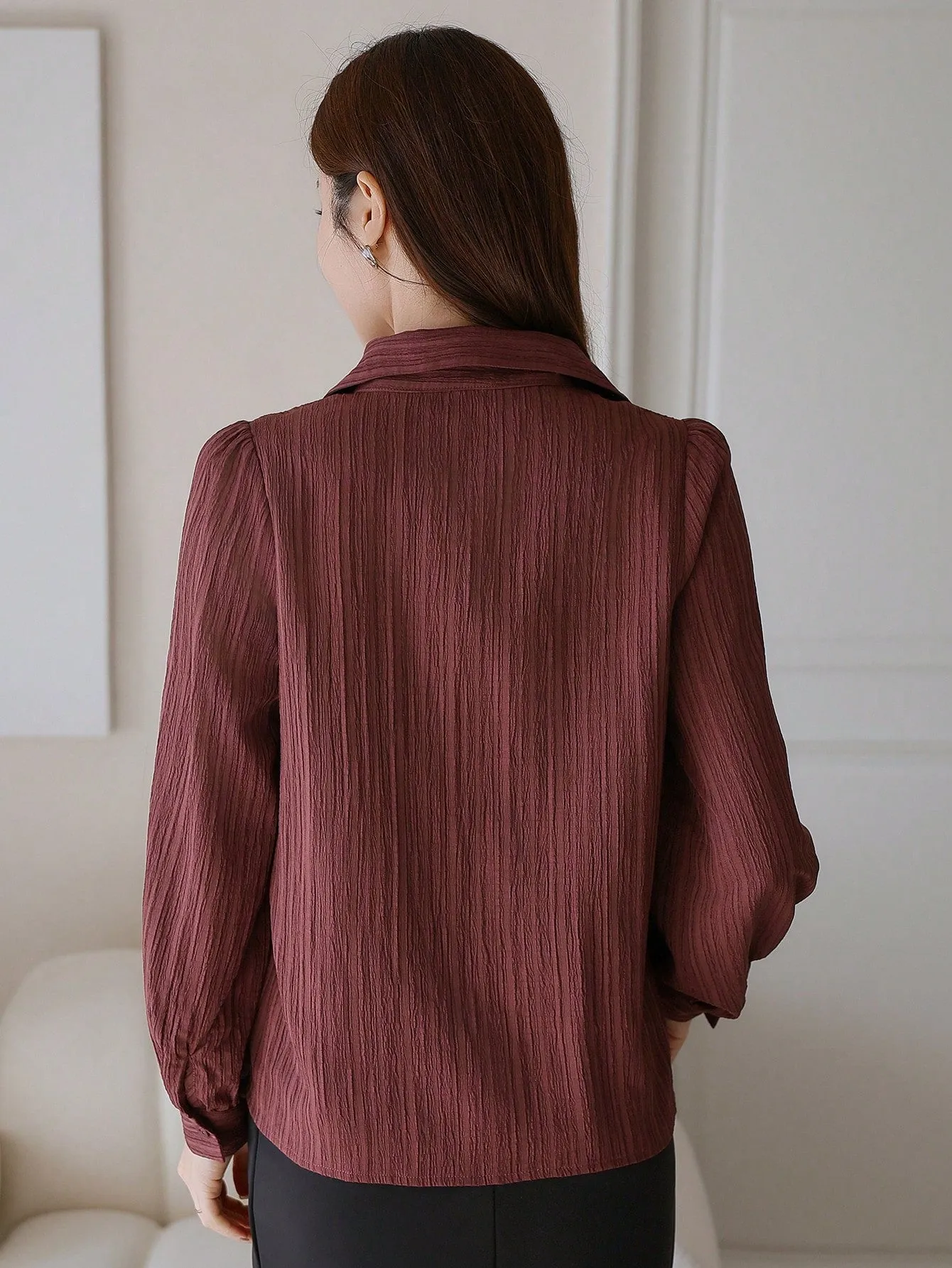 Shein DAZY Solid Color Textured Long Sleeve Women's Button-Down Casual Loose Shirt