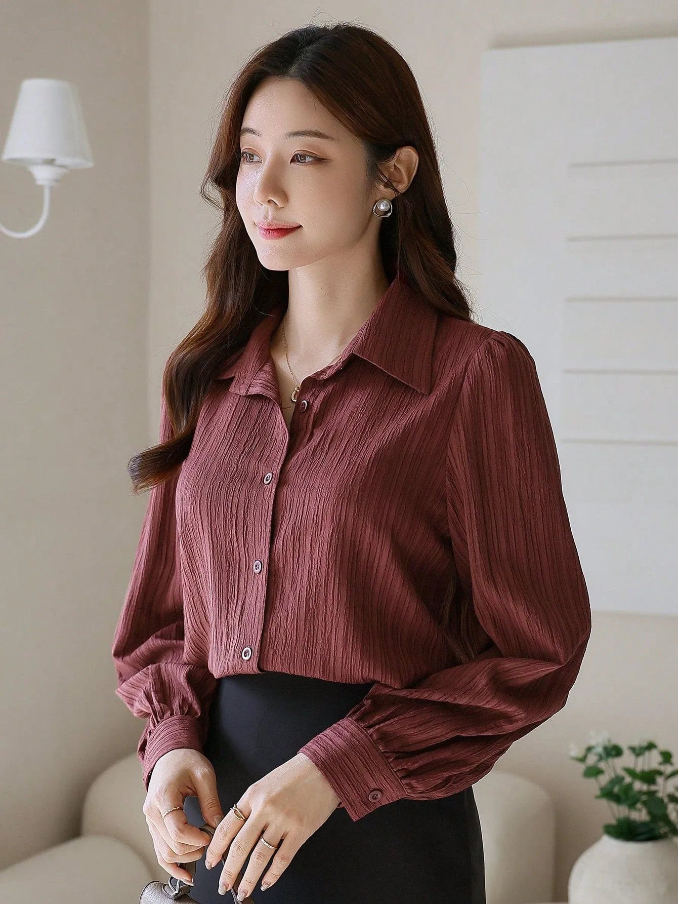 Shein DAZY Solid Color Textured Long Sleeve Women's Button-Down Casual Loose Shirt