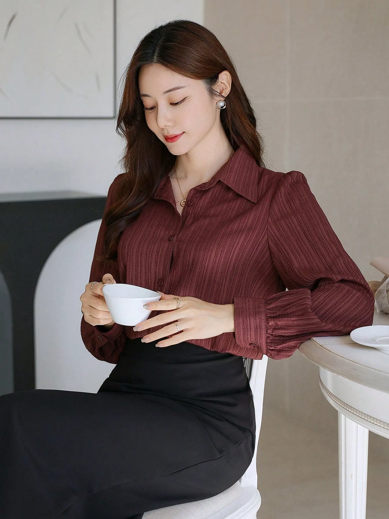 Shein DAZY Solid Color Textured Long Sleeve Women's Button-Down Casual Loose Shirt