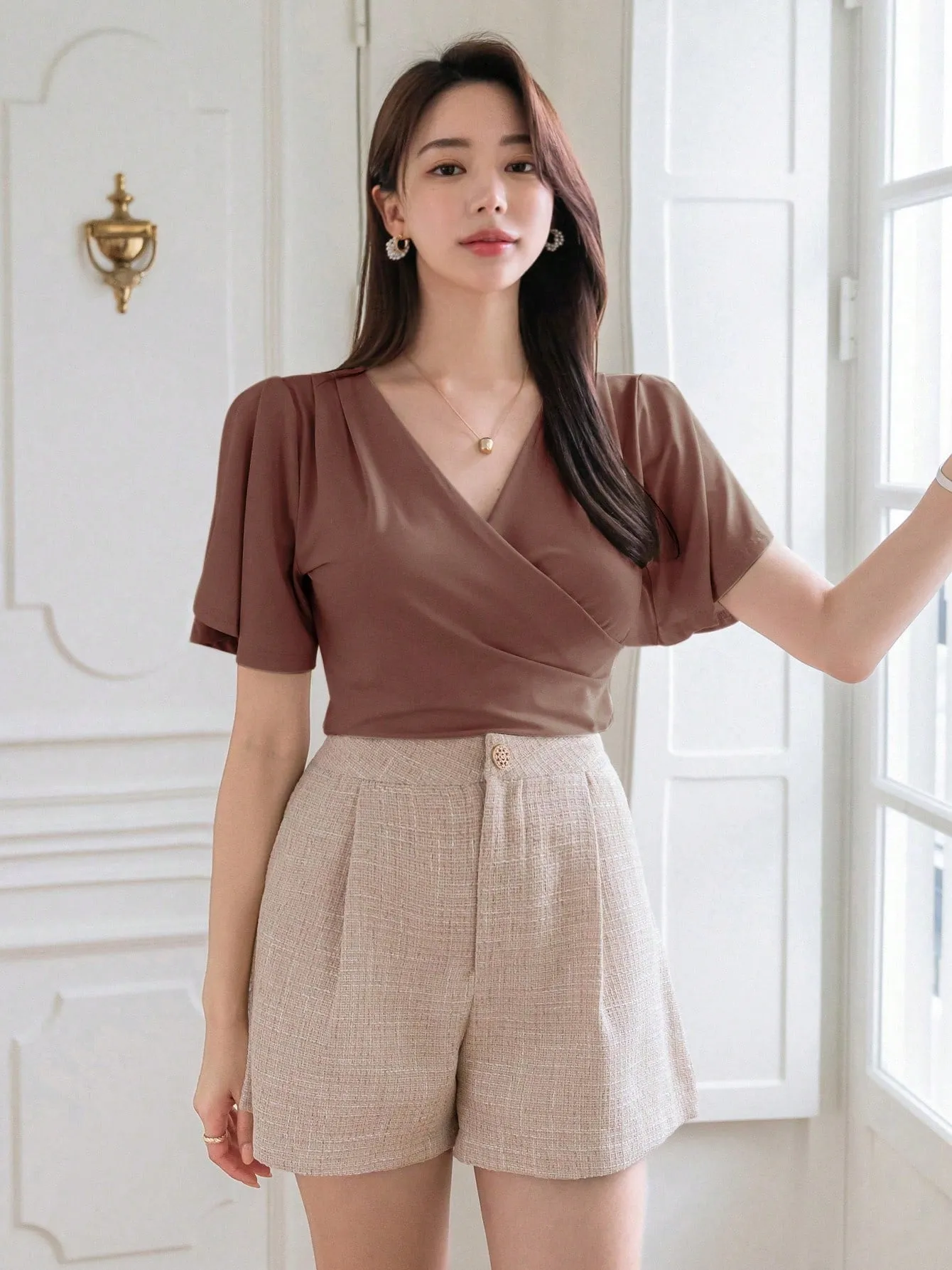 Shein DAZY Women's Summer Solid Color V-Neck Ruffled Short Sleeve Wrap T-Shirt