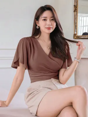 Shein DAZY Women's Summer Solid Color V-Neck Ruffled Short Sleeve Wrap T-Shirt