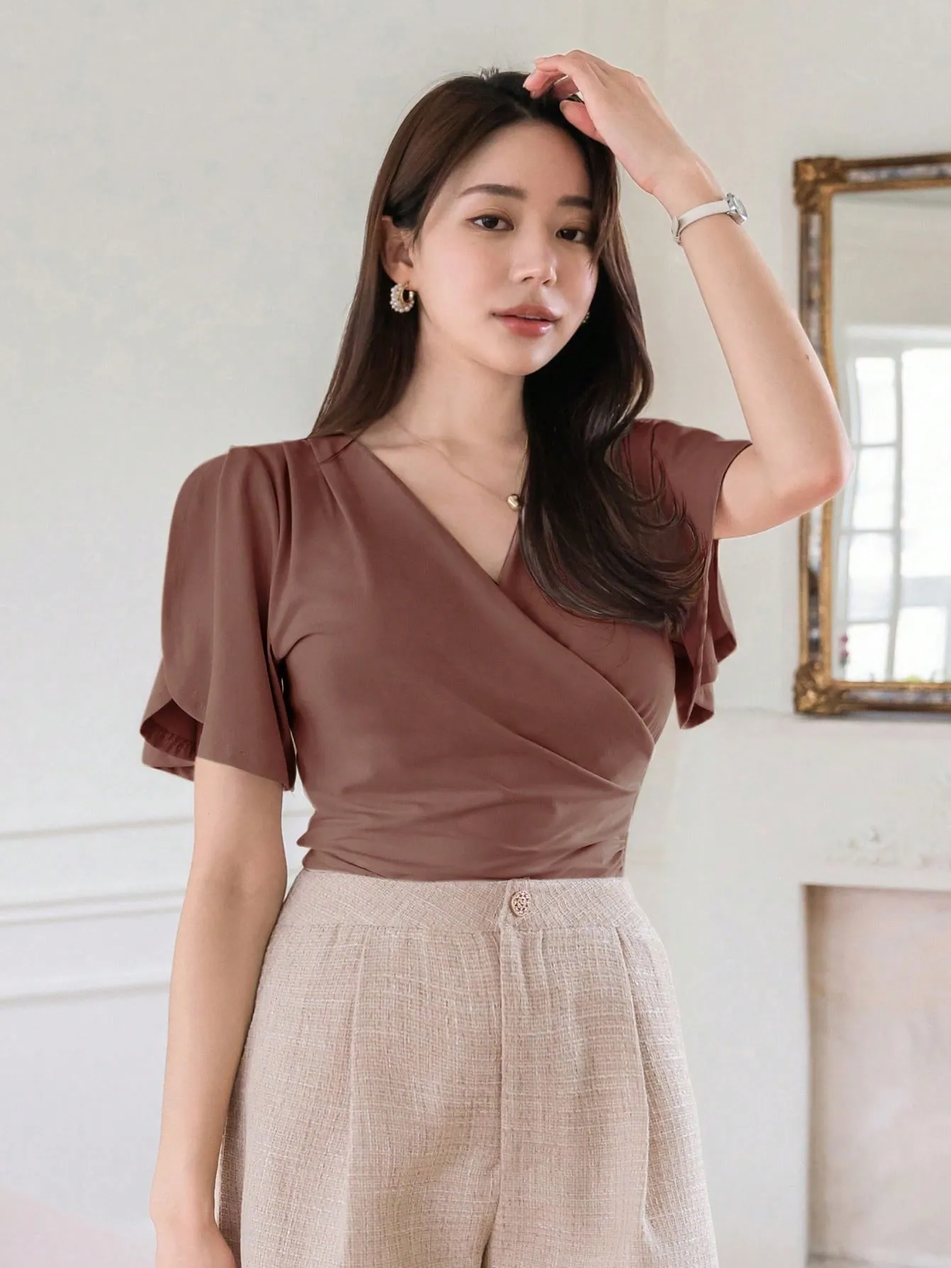 Shein DAZY Women's Summer Solid Color V-Neck Ruffled Short Sleeve Wrap T-Shirt