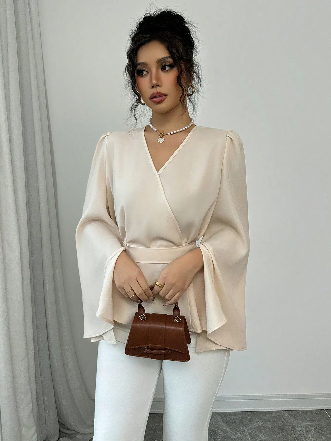 Shein Elenzga Women Solid Color V-Neck Cross Wrap Tie Front Flare Sleeve Split Hem Elegant Blouse