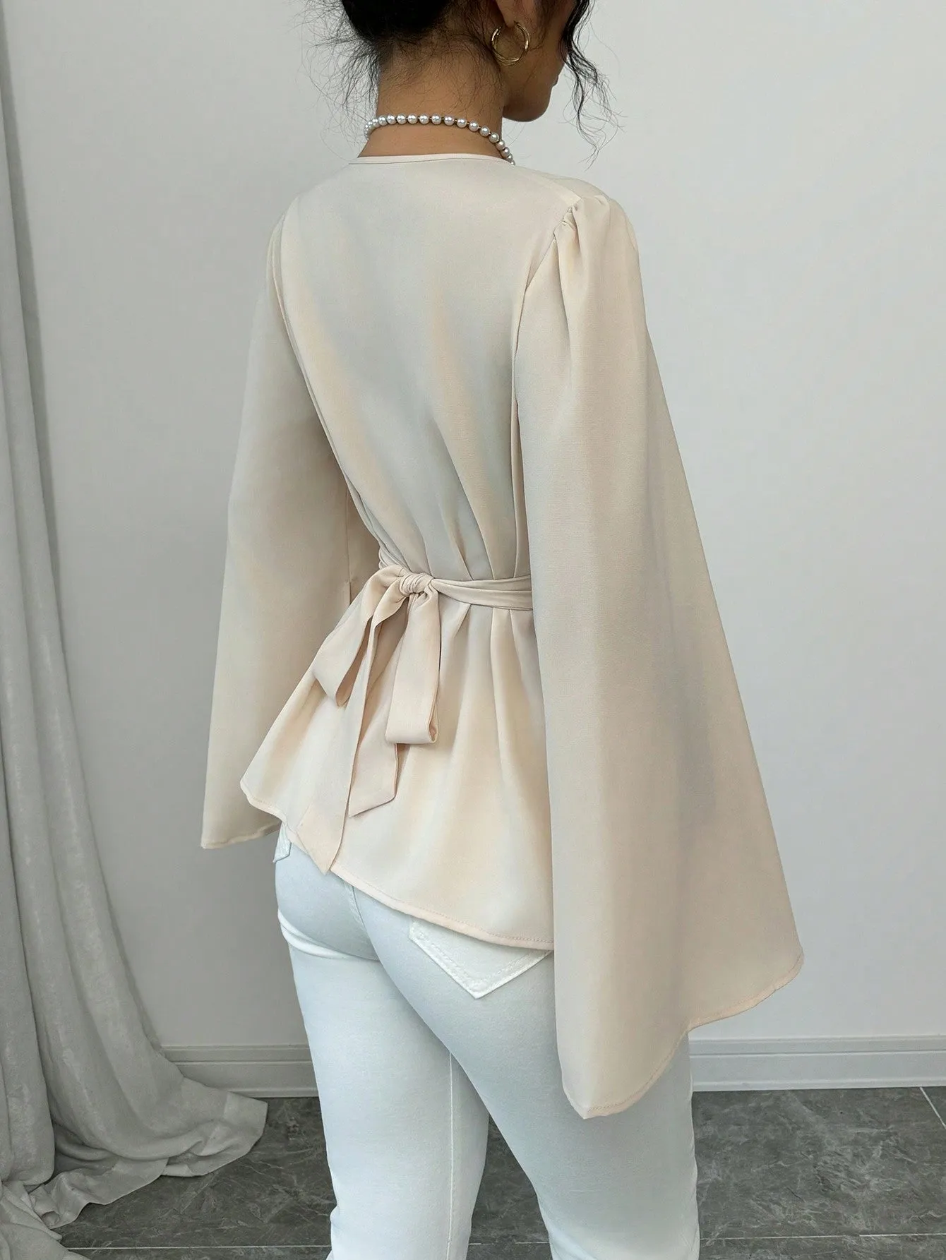 Shein Elenzga Women Solid Color V-Neck Cross Wrap Tie Front Flare Sleeve Split Hem Elegant Blouse