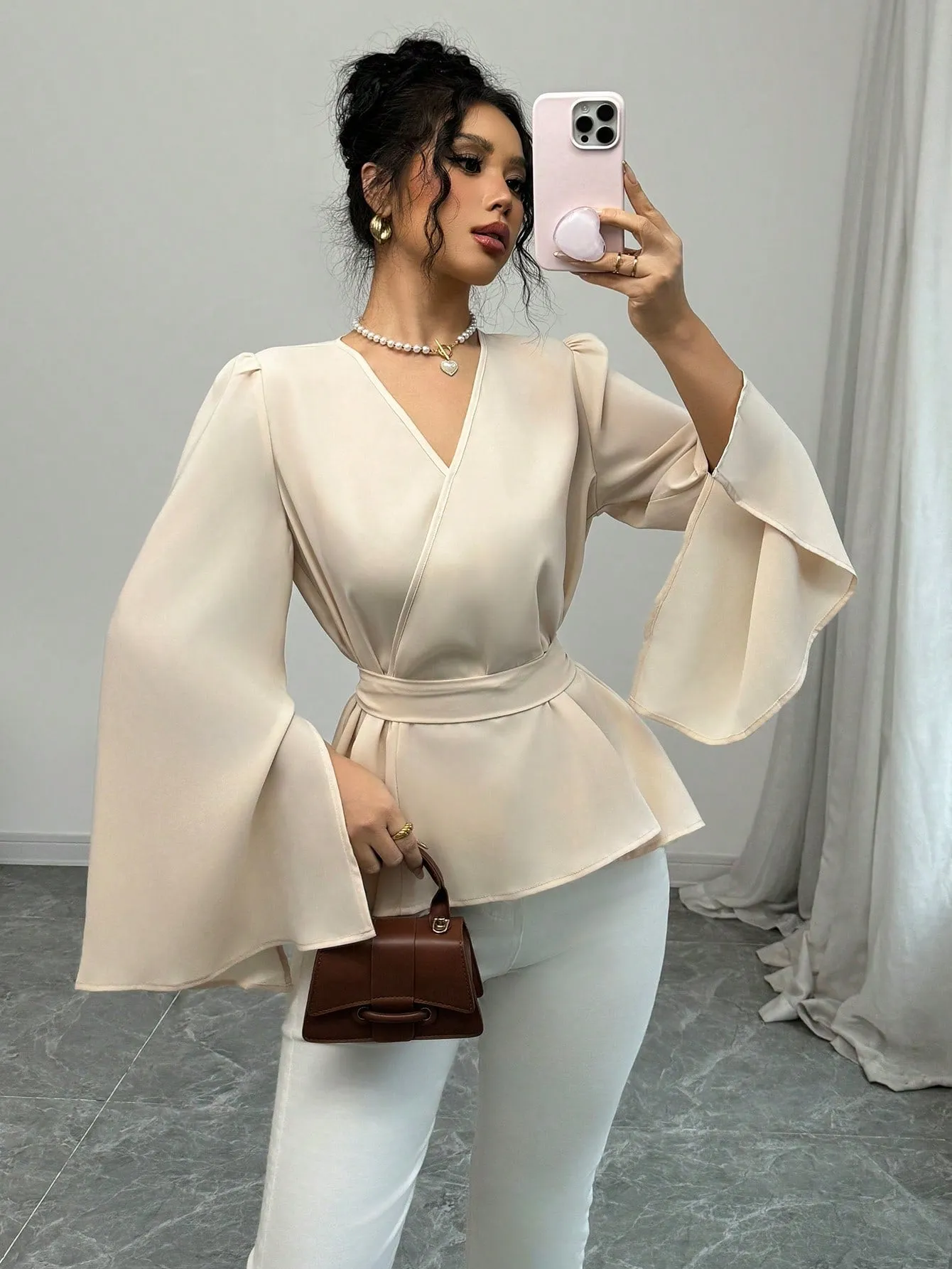 Shein Elenzga Women Solid Color V-Neck Cross Wrap Tie Front Flare Sleeve Split Hem Elegant Blouse