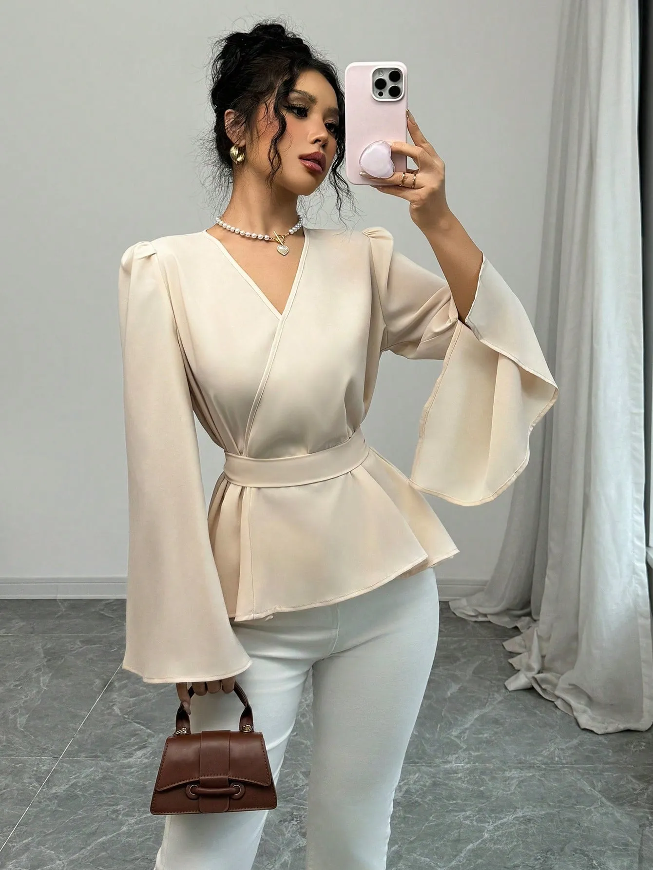 Shein Elenzga Women Solid Color V-Neck Cross Wrap Tie Front Flare Sleeve Split Hem Elegant Blouse