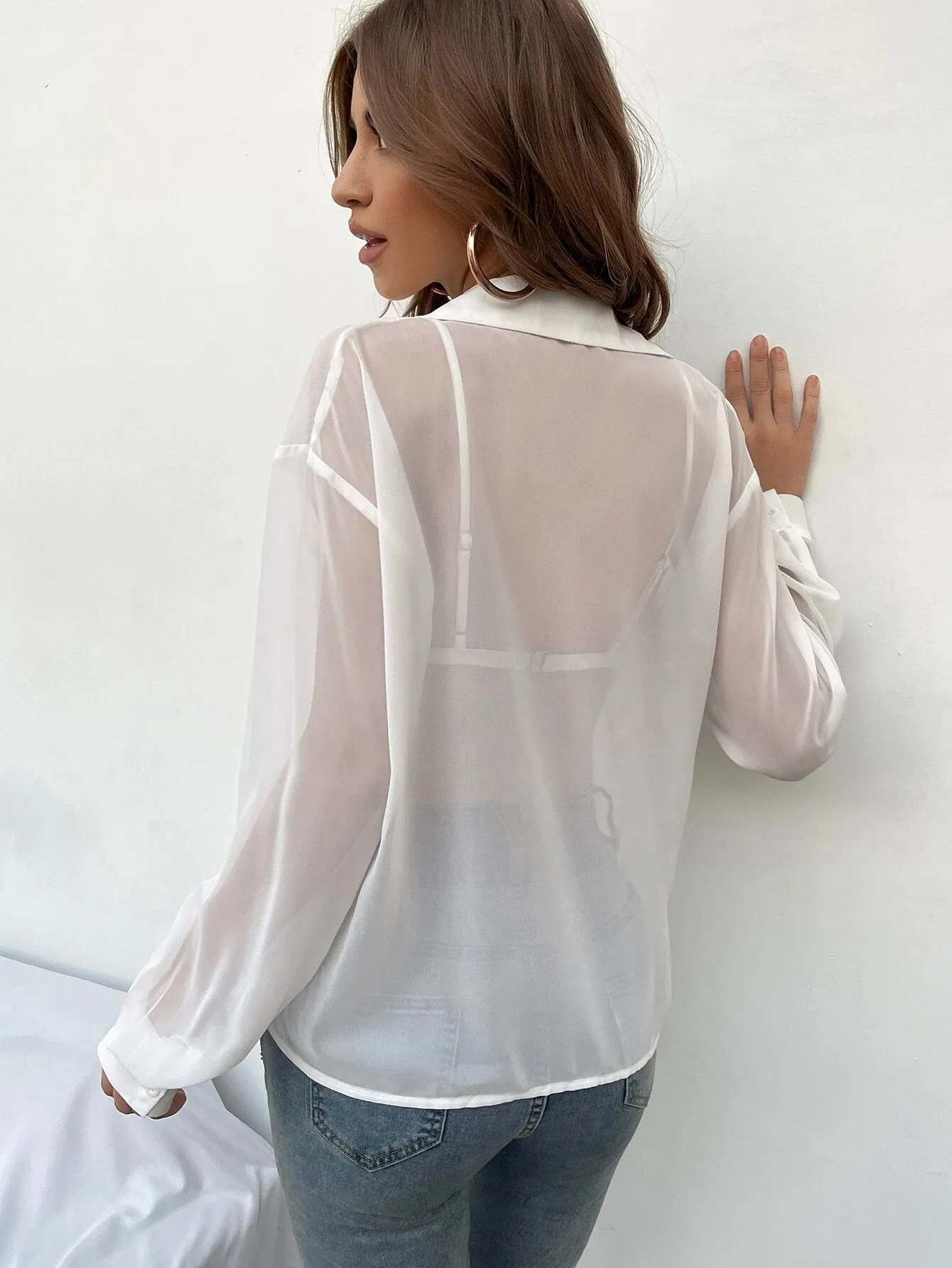 SHEIN Essnce Drop Shoulder Sheer Shirt Without Bra