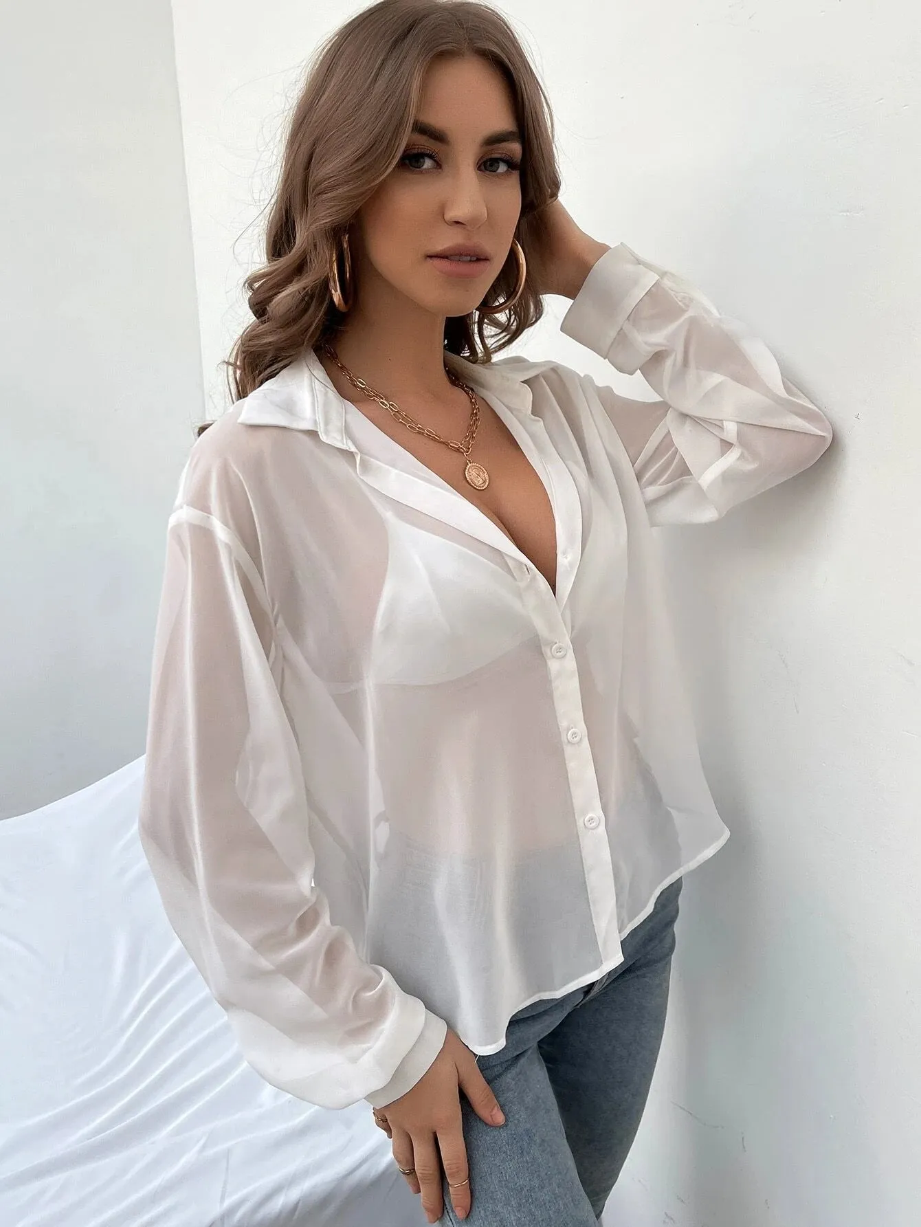 SHEIN Essnce Drop Shoulder Sheer Shirt Without Bra