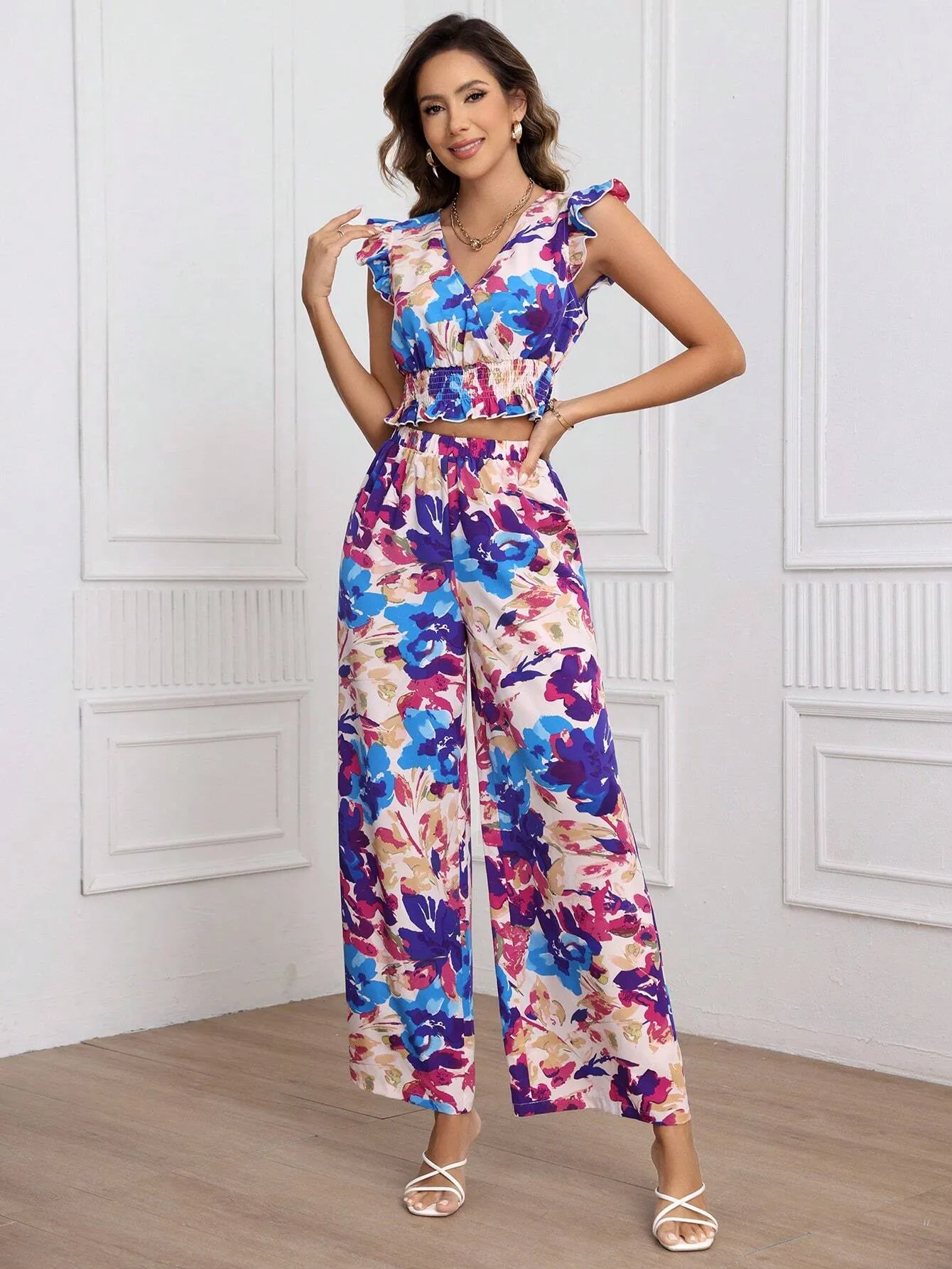 SHEIN Frenchy Women's Flowers Printed Casual 2pcs/Set