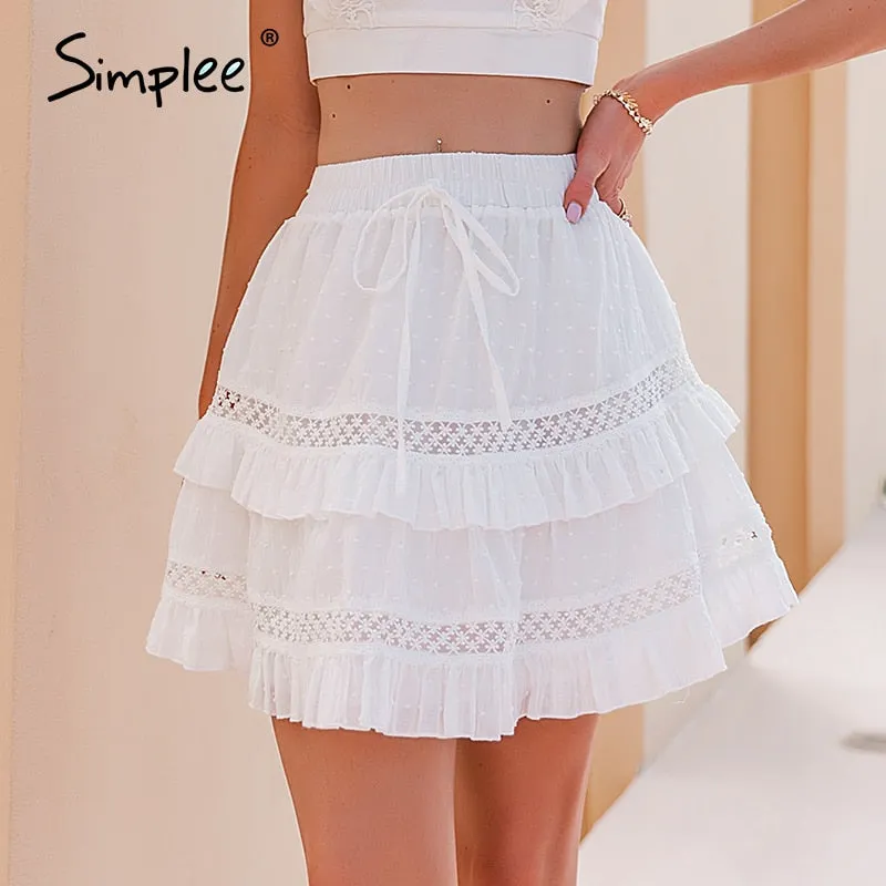 Simplee Elegant white ruffled a line mini skirts summer Elastic high