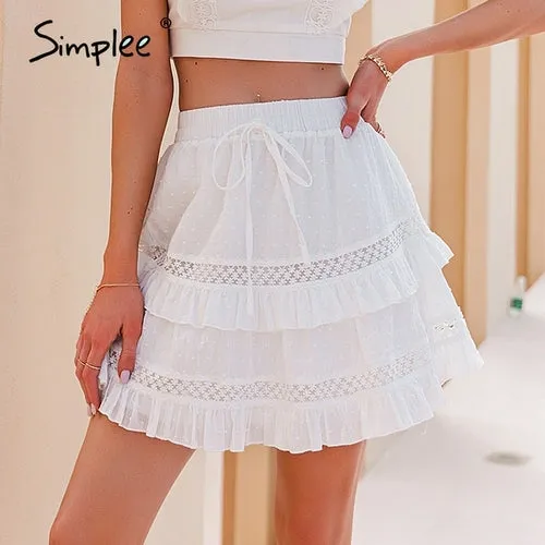 Simplee Elegant white ruffled a line mini skirts summer Elastic high