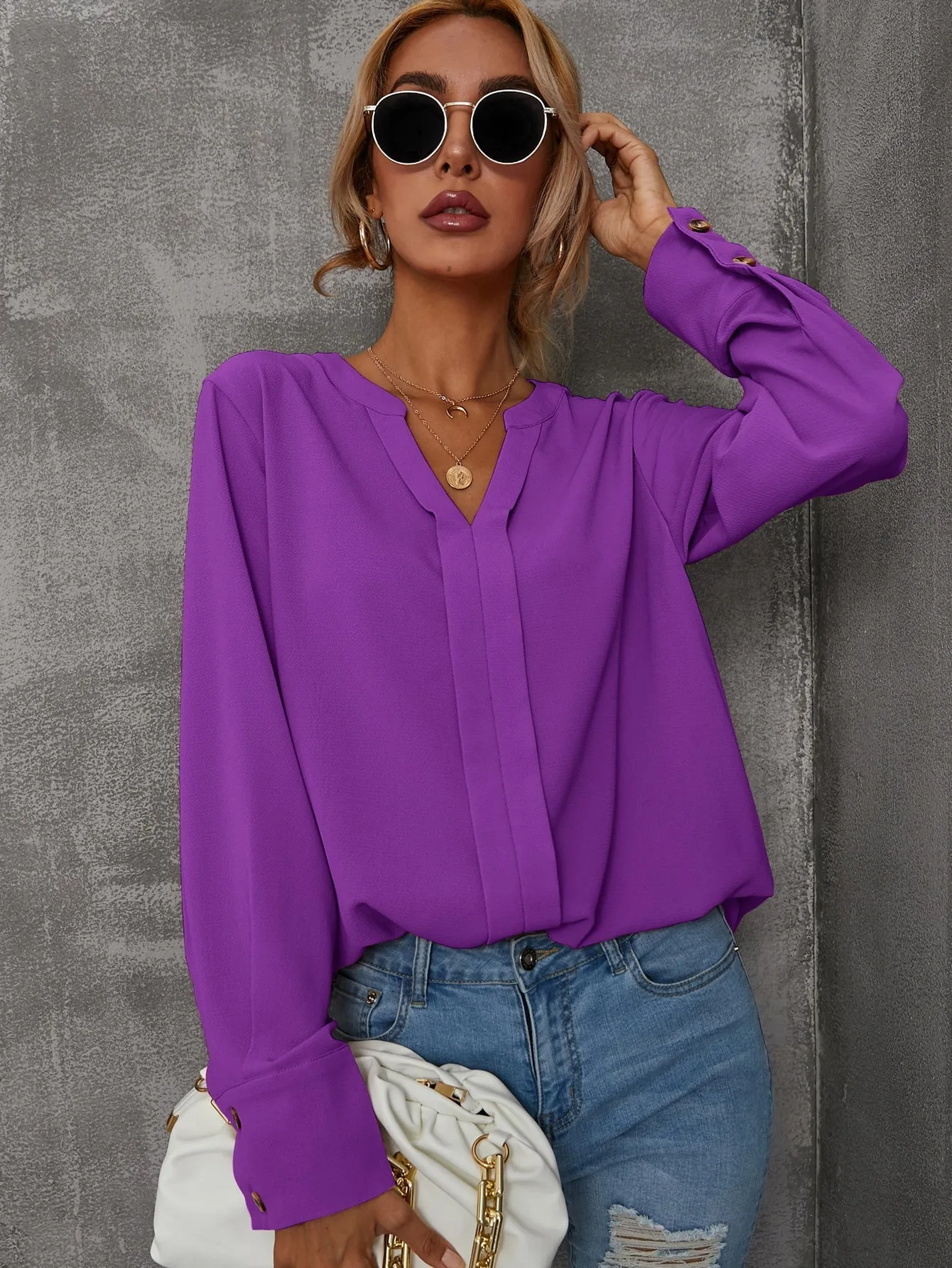 Solid Notched Buttoned Cuff Blouse