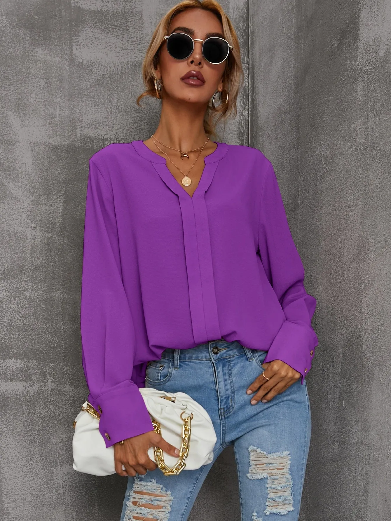 Solid Notched Buttoned Cuff Blouse
