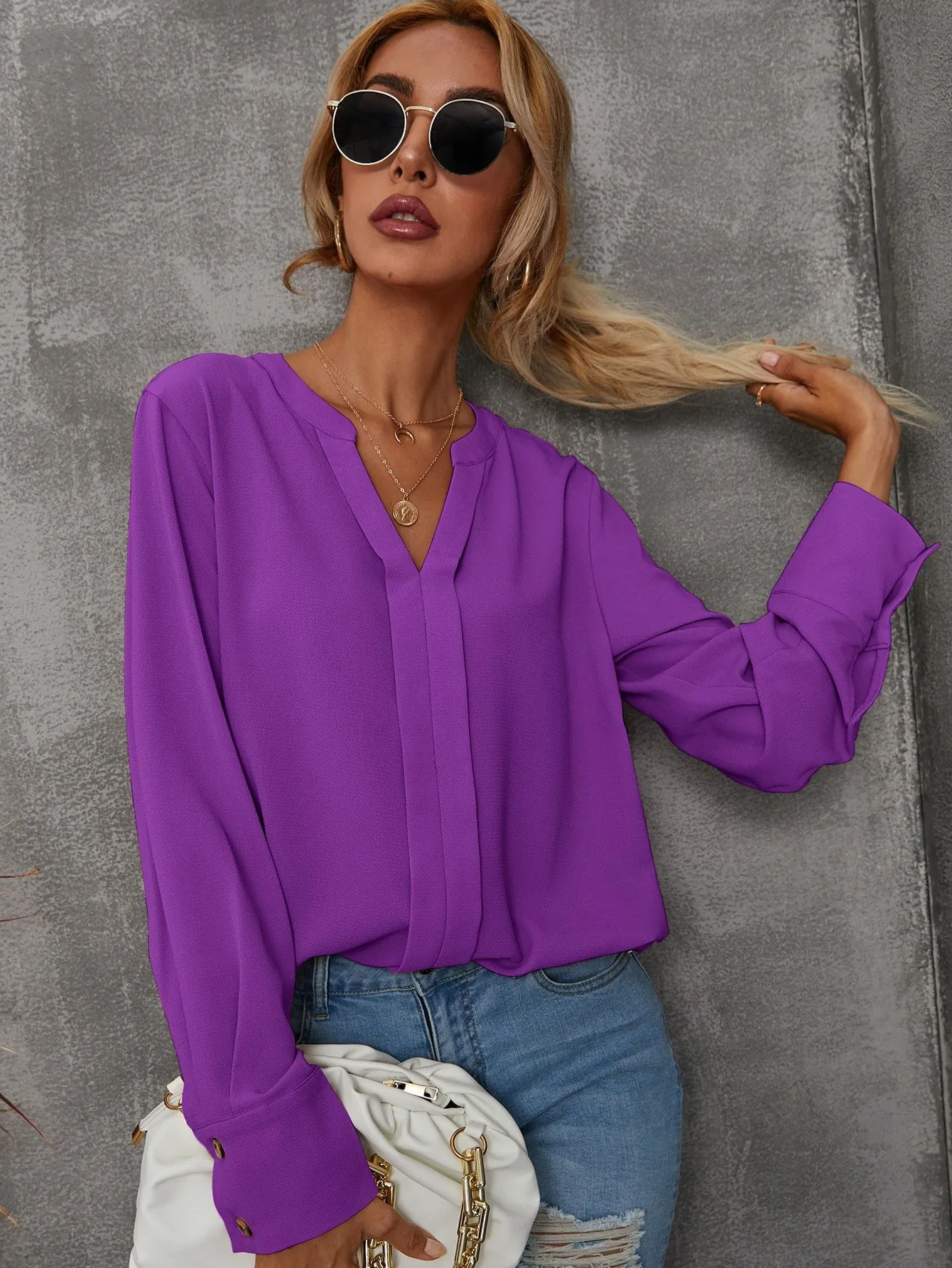 Solid Notched Buttoned Cuff Blouse