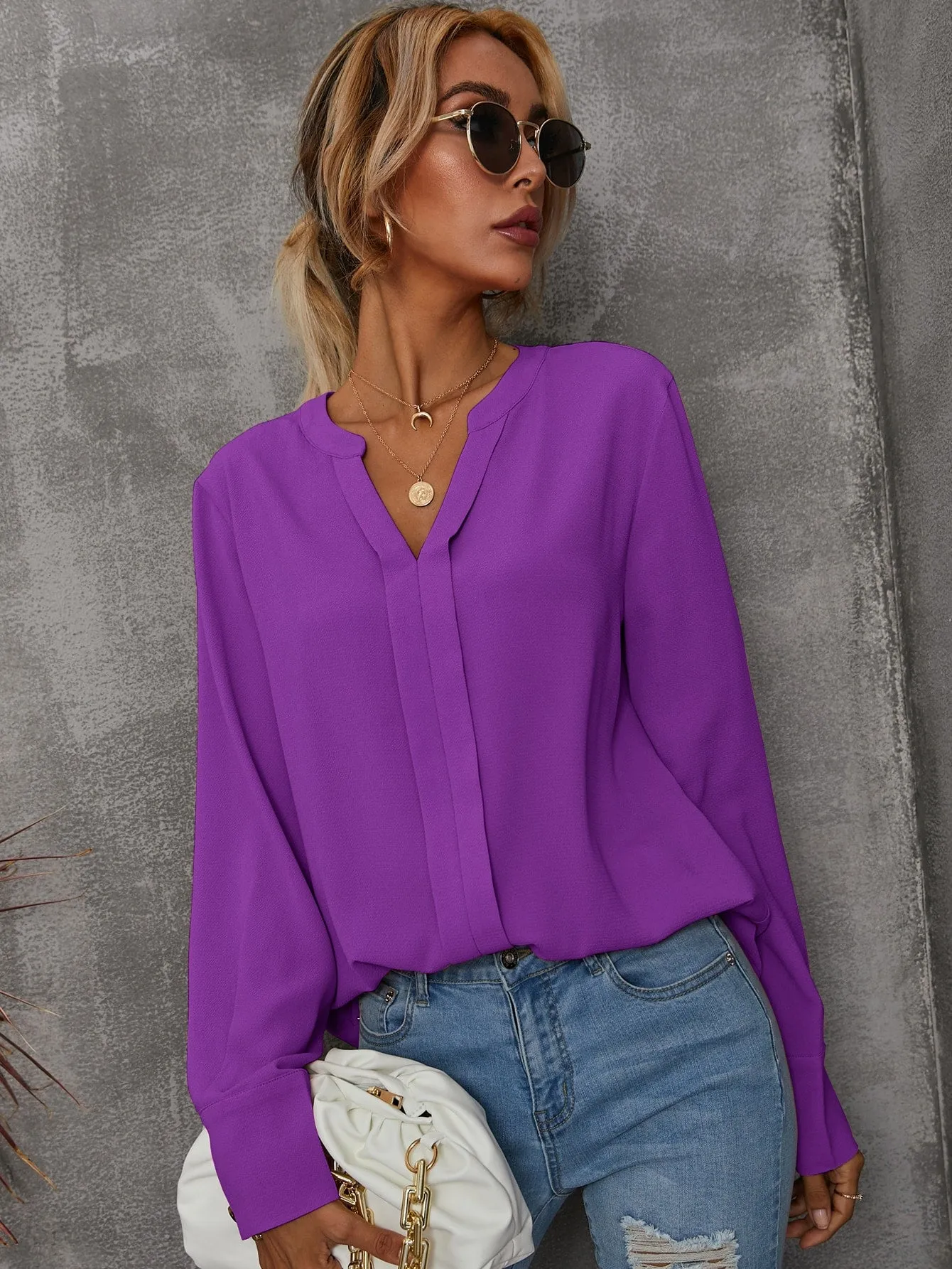 Solid Notched Buttoned Cuff Blouse